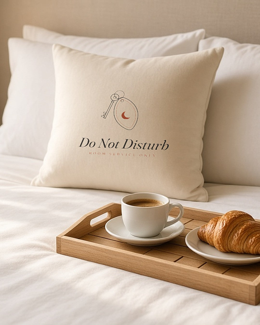 The Do Not Disturb Pillow on crisp white bedding with a breakfast tray