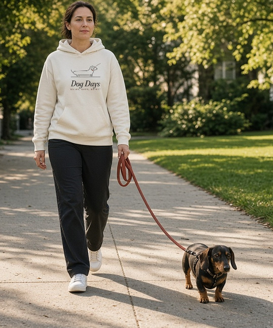 The Dog Days Hoodie in Bone, worn by a woman being pulled along the sidewalk by a dachshund