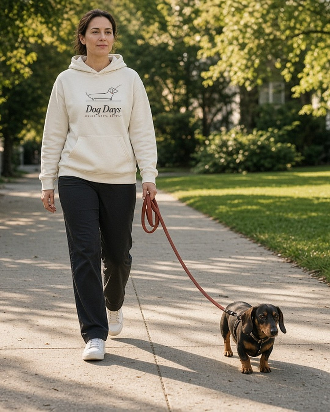 The Dog Days Hoodie in Bone, worn by a woman being pulled along the sidewalk by a dachshund