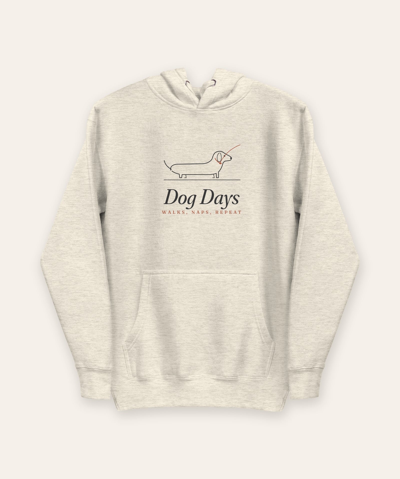 The Dog Days Hoodie in Oatmeal Heather, flat lay front, product shot on cream