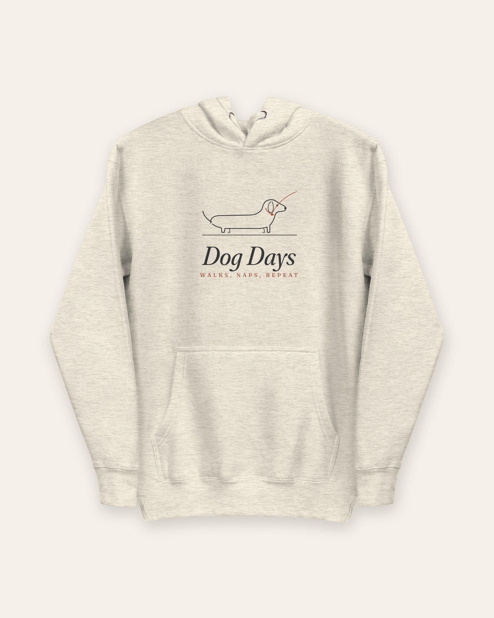 The Dog Days Hoodie in Oatmeal Heather, flat lay front, product shot on cream