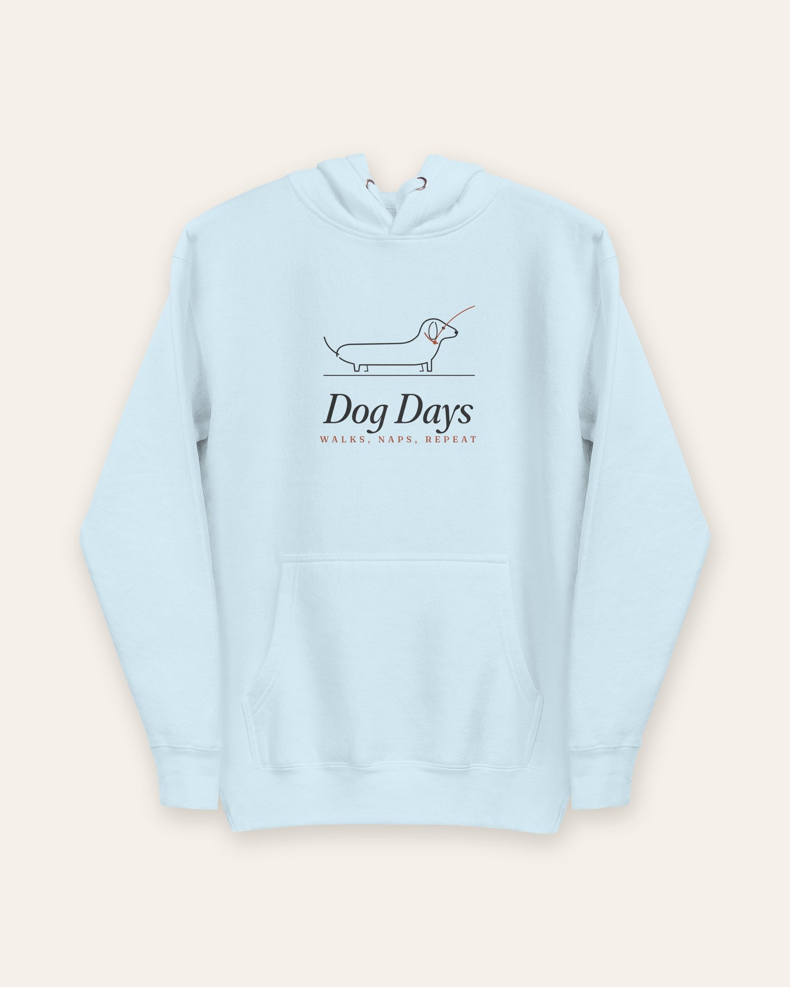 The Dog Days Hoodie in Sky Blue, flat lay front, product shot on cream