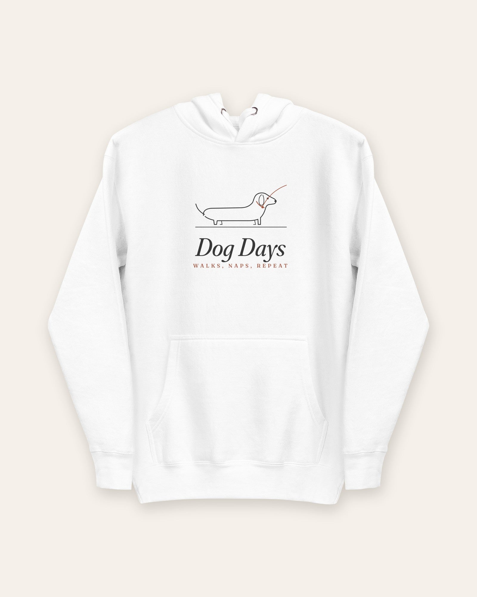 The Dog Days Hoodie in White, flat lay front, product shot on cream