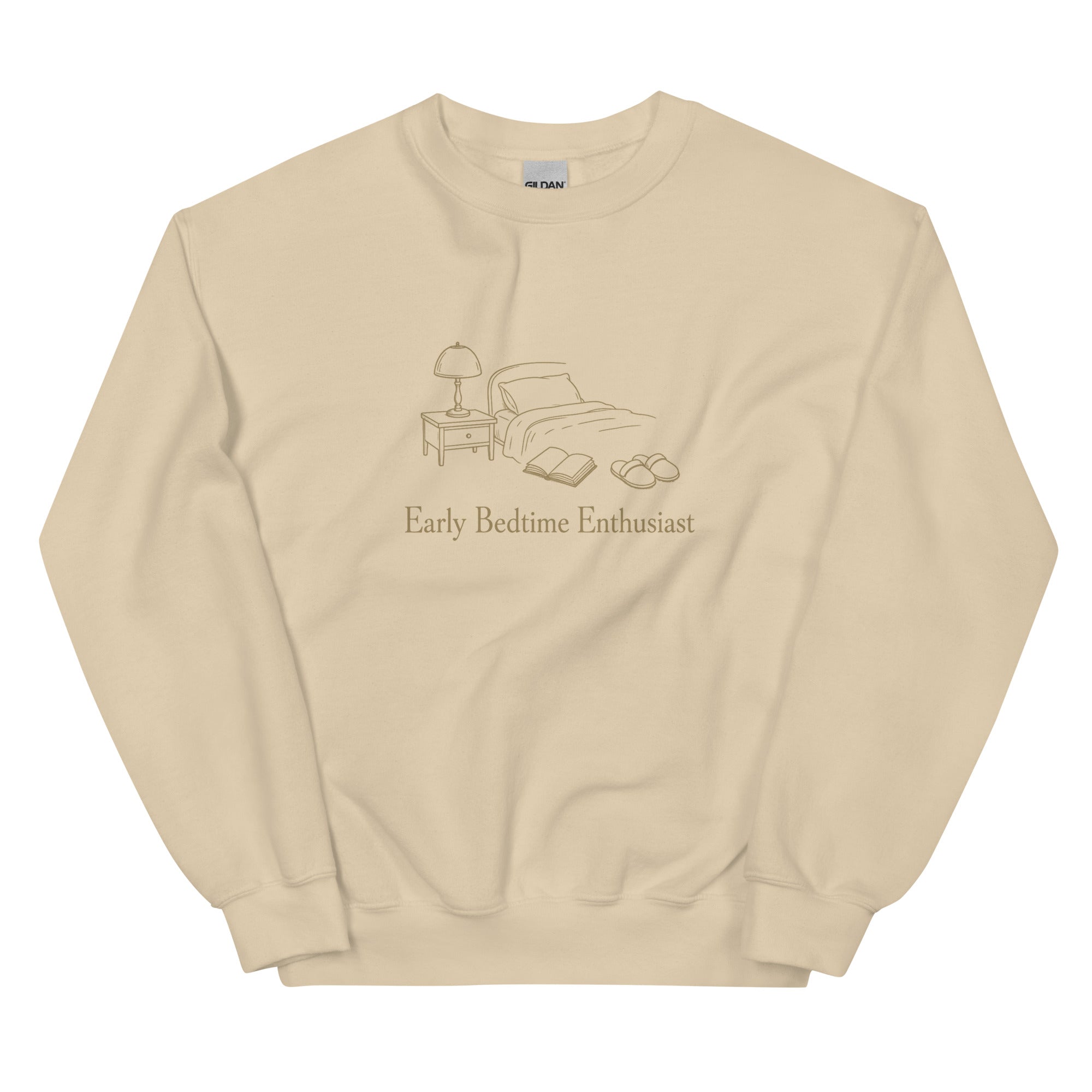 The Early Bedtime Enthusiast Crewneck in Sand, product shot in Sand