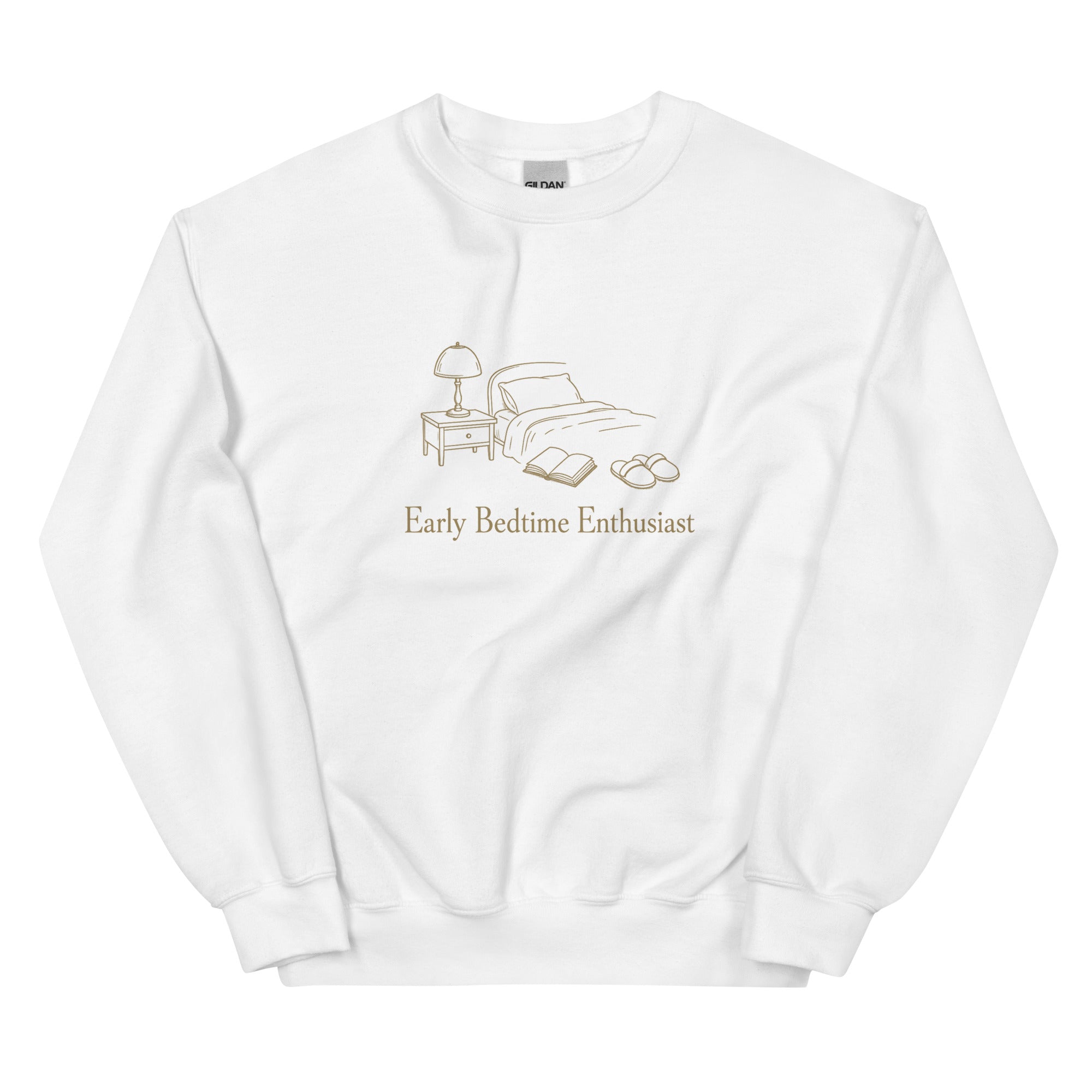 The Early Bedtime Enthusiast Crewneck in White, product shot, flat lay front