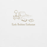 The Early Bedtime Enthusiast Crewneck in White, close-up of the print