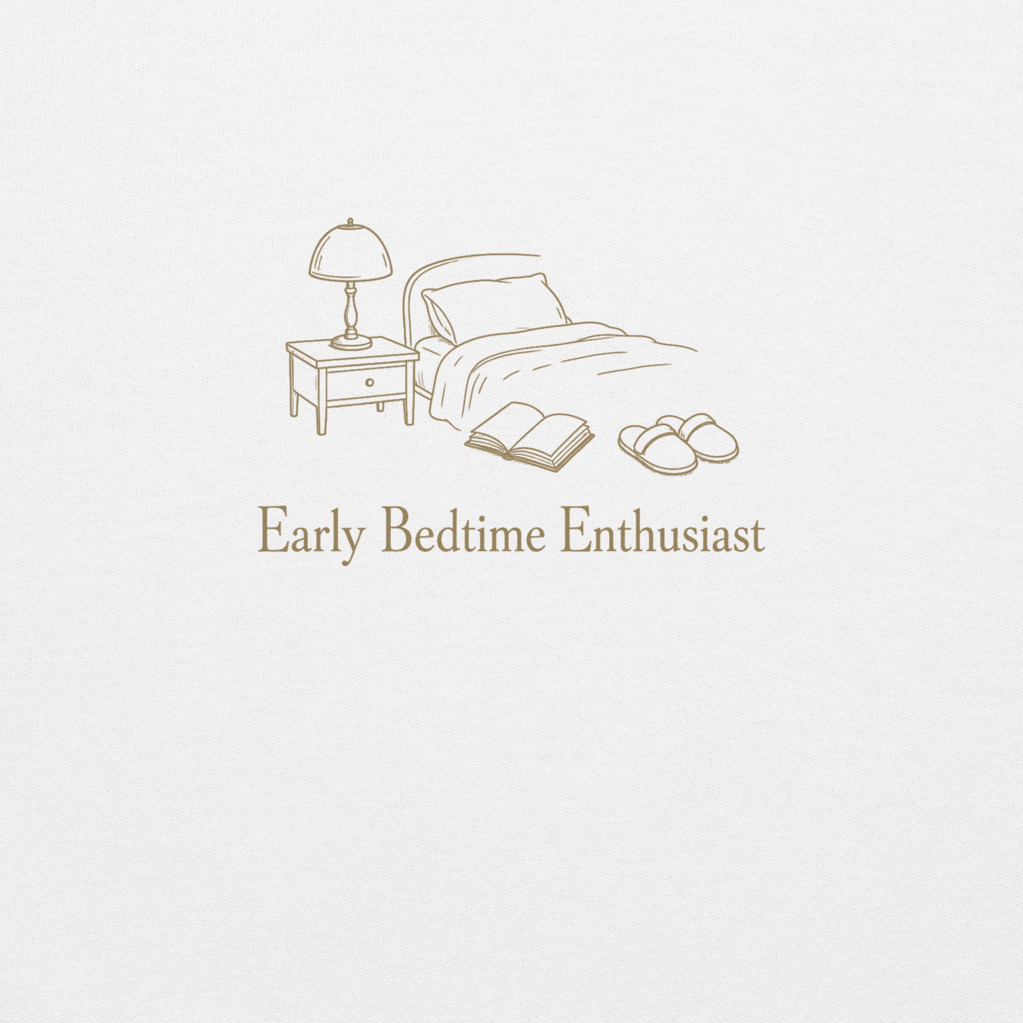 The Early Bedtime Enthusiast Crewneck in White, close-up of the print