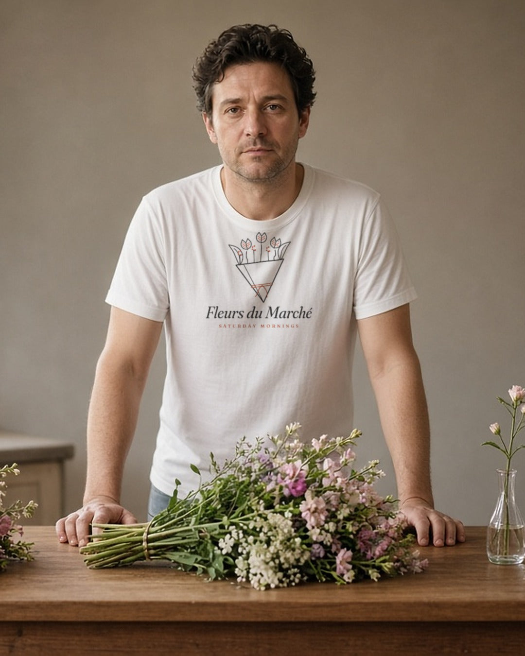 The Fleurs du Marché Tee in White, a man (40s) in the White tee stares at three bouquets and one tiny vase on a kitchen table