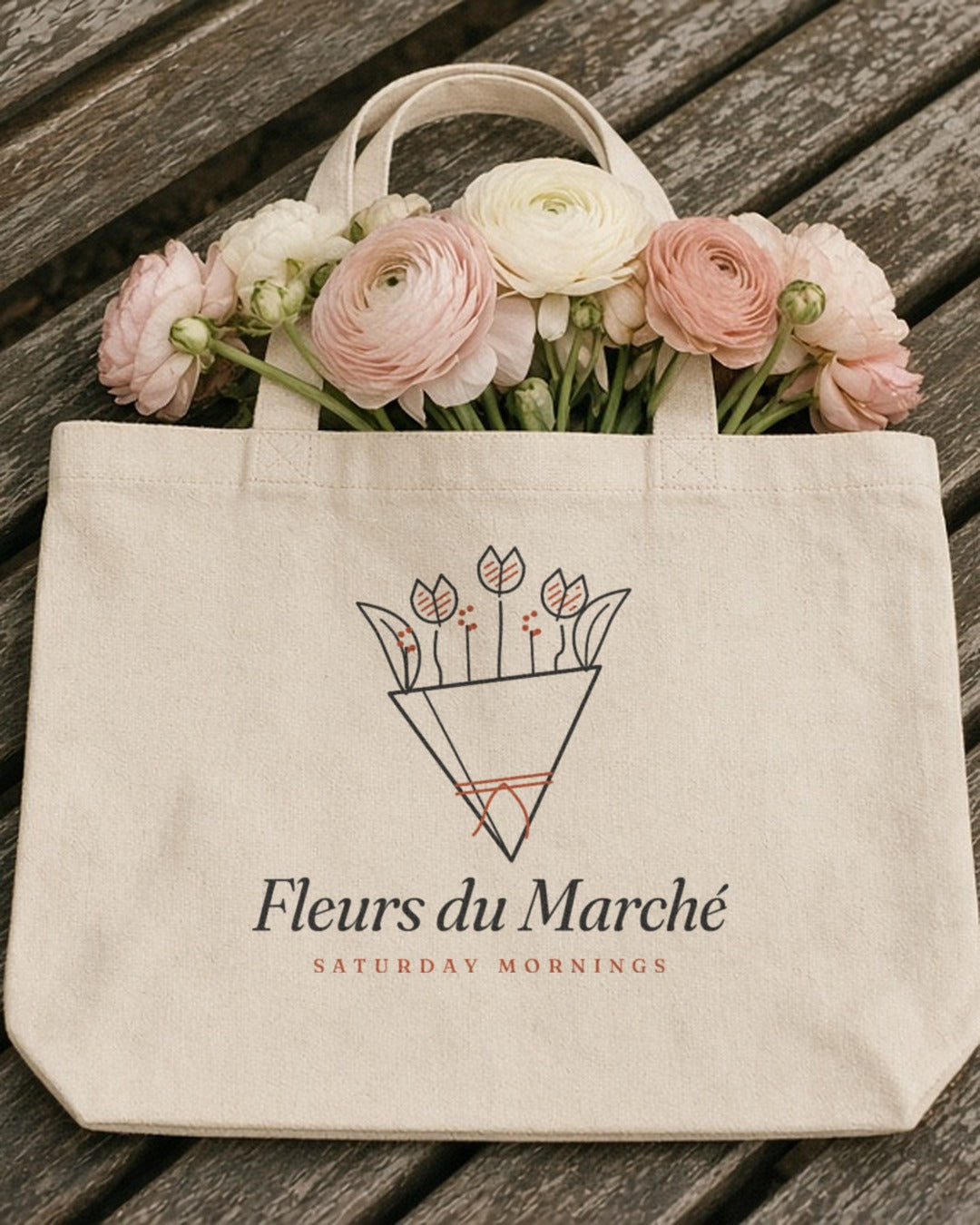 The Fleurs du Marché Tote in Oyster, the tote on a wooden bench with a bunch of ranunculus lying across the top edge