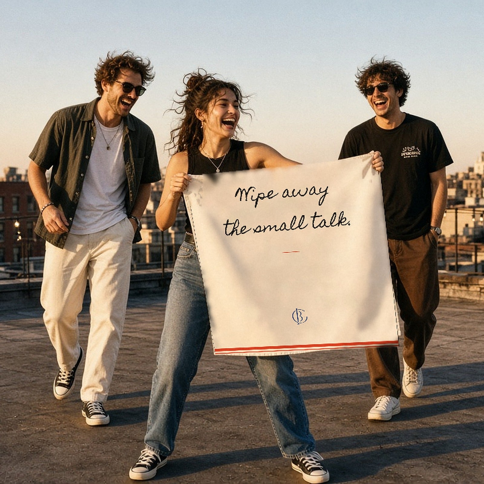 Three friends laughing on a Brooklyn rooftop at sunset, holding open The Small Talk Kitchen Towel that reads Wipe away the small talk