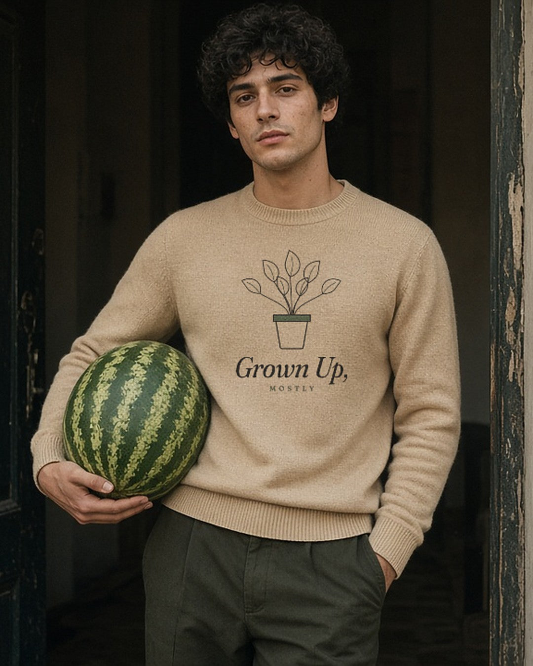 The Grown Up, Mostly Crewneck in Sand, holding a whole watermelon in a doorway
