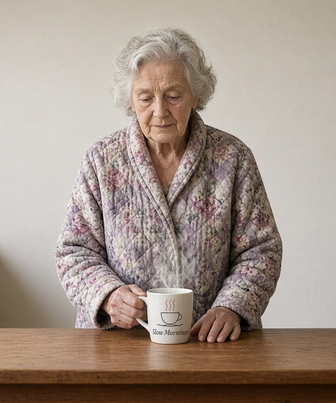 The Slow Mornings Mug in White, grandmother in a quilted floral robe at a wooden table, one hand on the mug handle