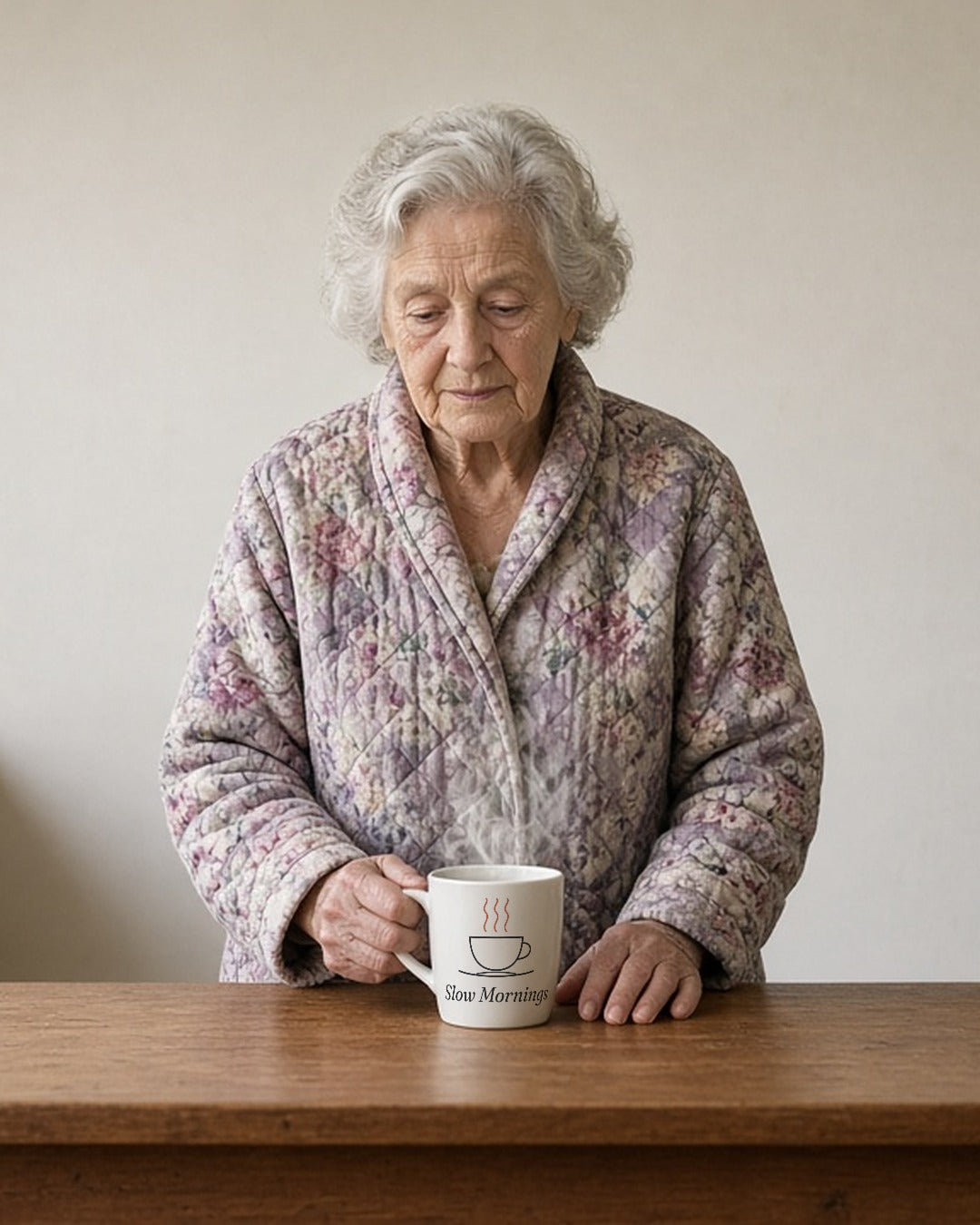 The Slow Mornings Mug in White, grandmother in a quilted floral robe at a wooden table, one hand on the mug handle