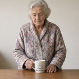 The Slow Mornings Mug in White, grandmother in a quilted floral robe at a wooden table, one hand on the mug handle