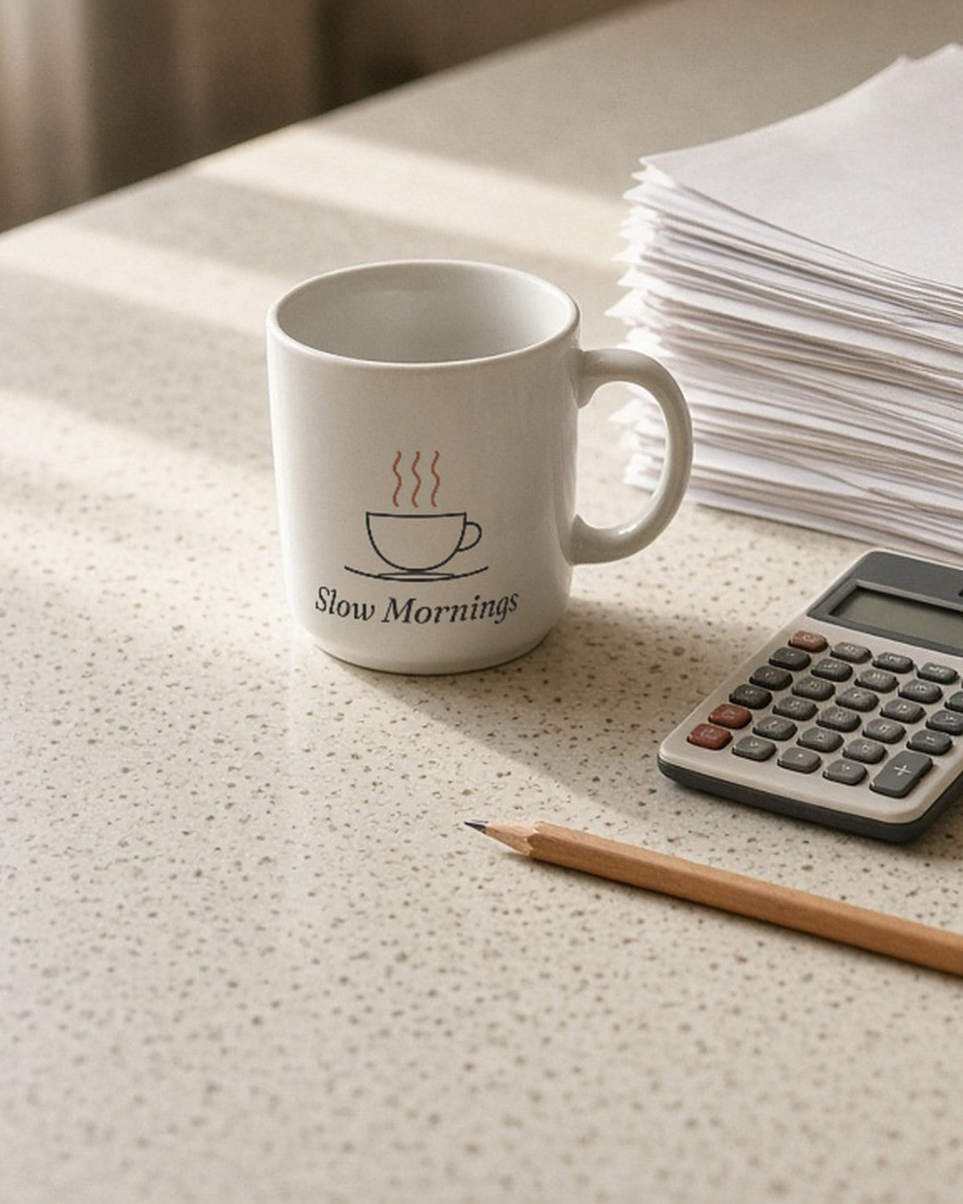 The Slow Mornings Mug next to a stack of tax paperwork, a calculator and a donut
