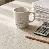 The Slow Mornings Mug next to a stack of tax paperwork, a calculator and a donut