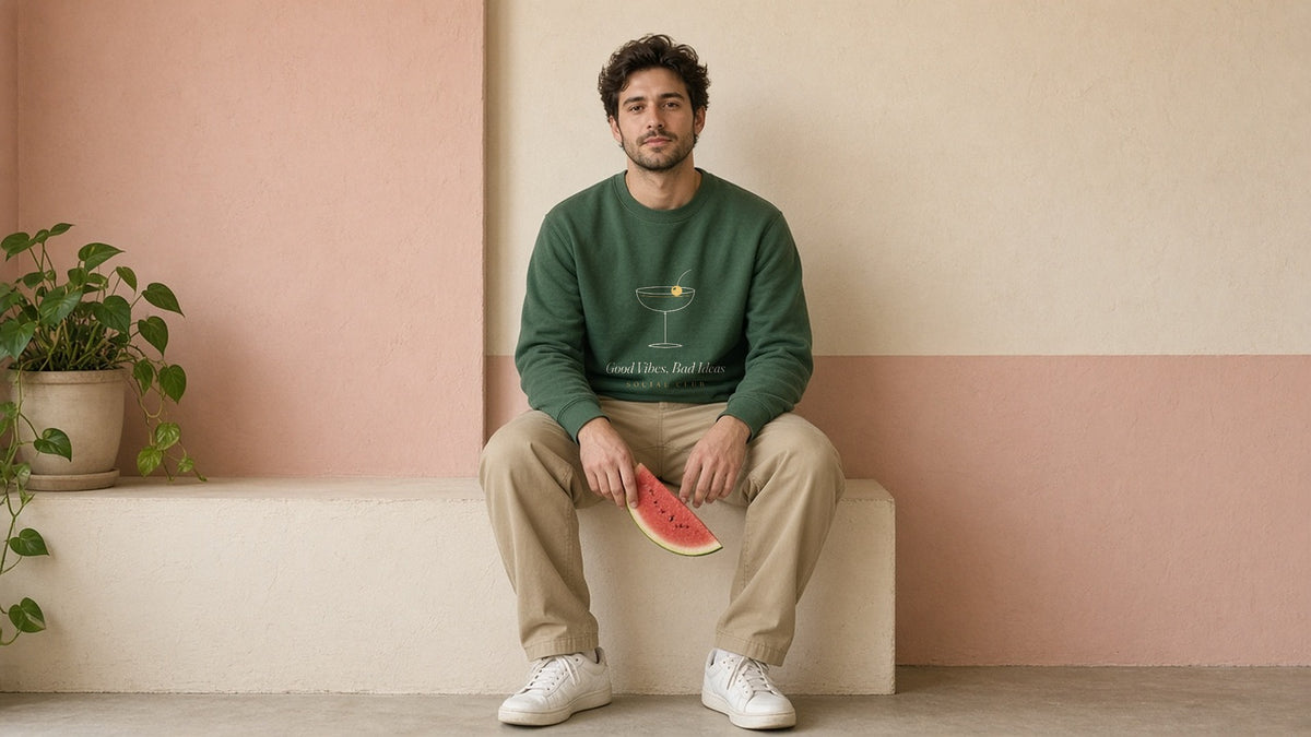 Sitting on a stucco ledge with a slice of watermelon - The Social Club Crewneck - Good Vibes Bad Ideas