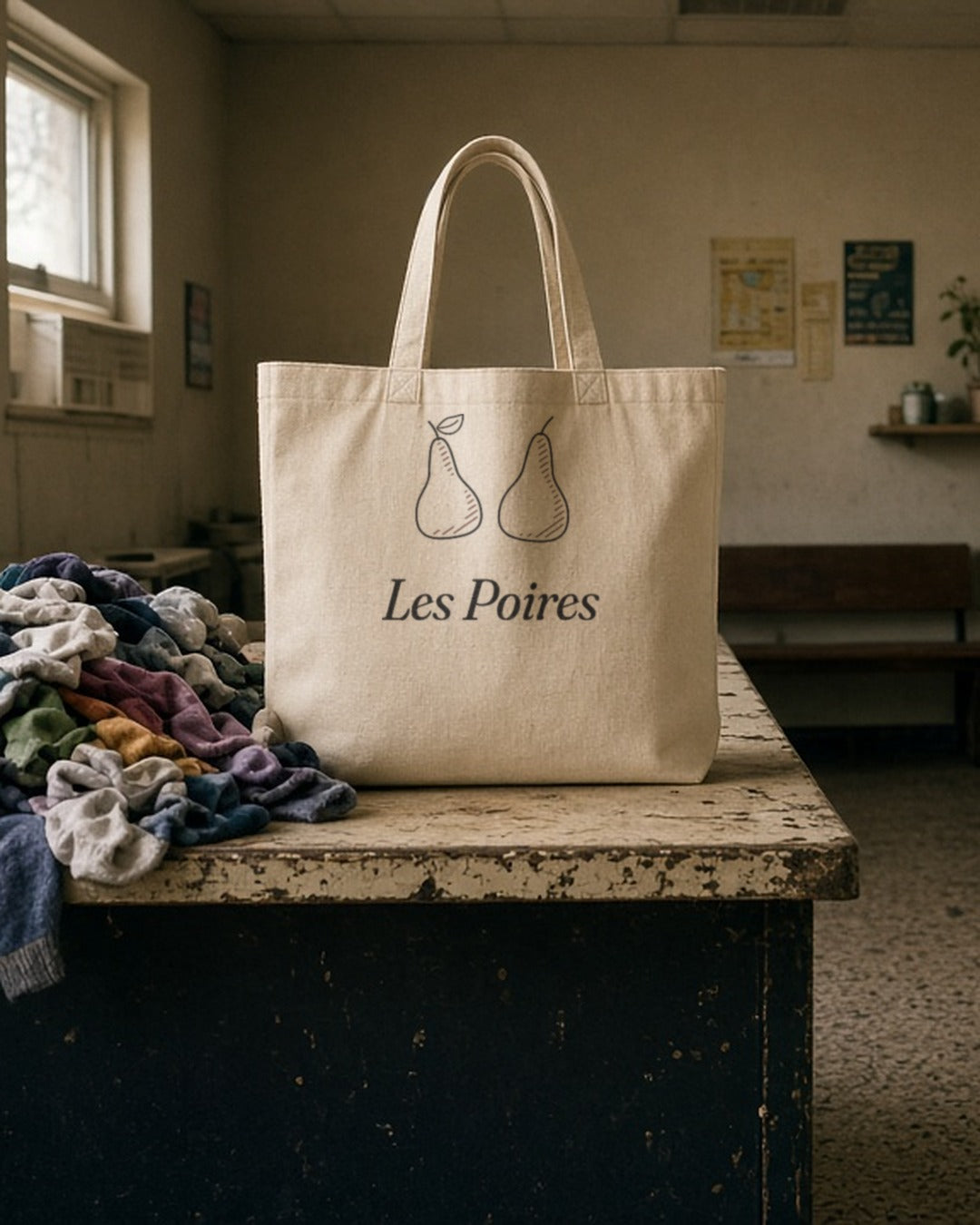 The Les Poires Tote on a laundromat folding table next to a pile of laundry