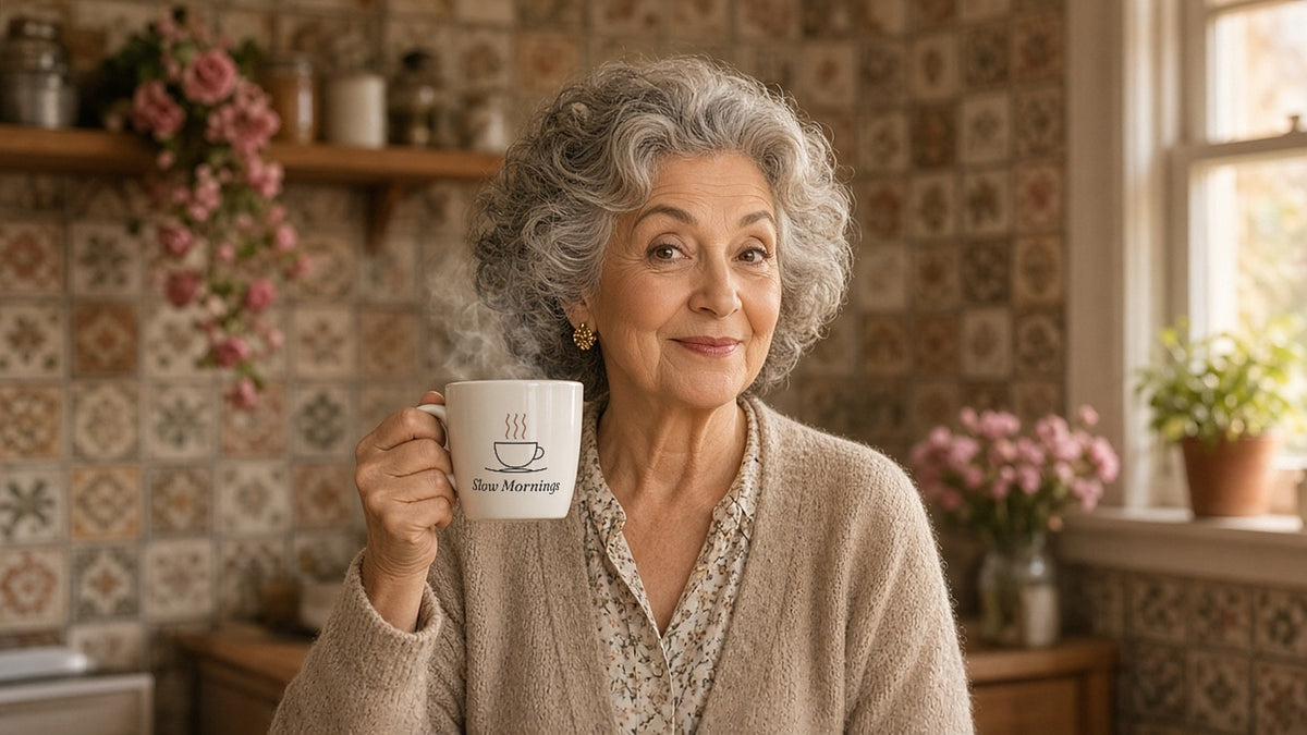 The Slow Mornings Mug, held by a grandmother in a sunny tiled kitchen