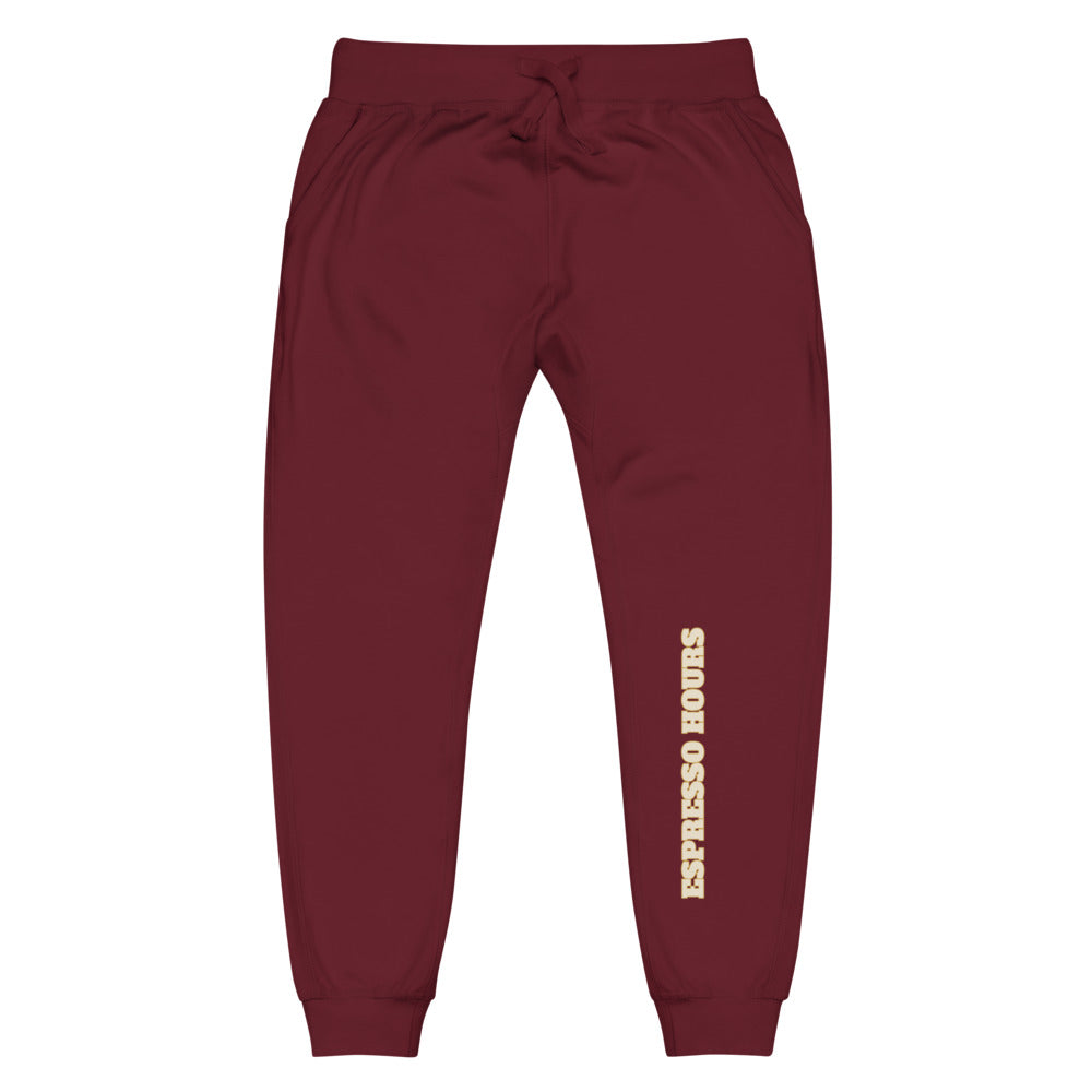 The Espresso Hours Joggers in Maroon, front with ESPRESSO HOURS leg lettering