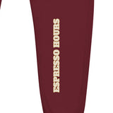The Espresso Hours Joggers in Maroon, close-up of ESPRESSO HOURS leg lettering