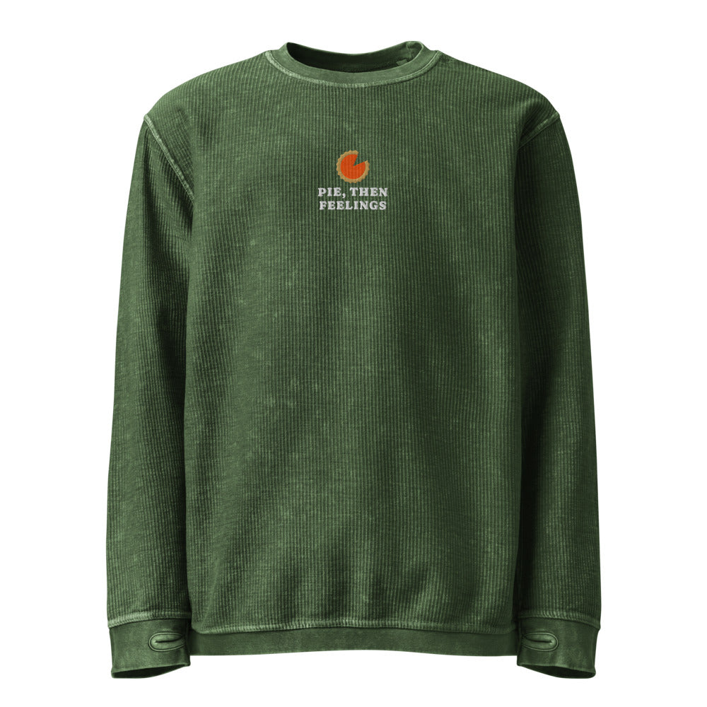 The Pie, Then Feelings Corduroy Crewneck in Green, front