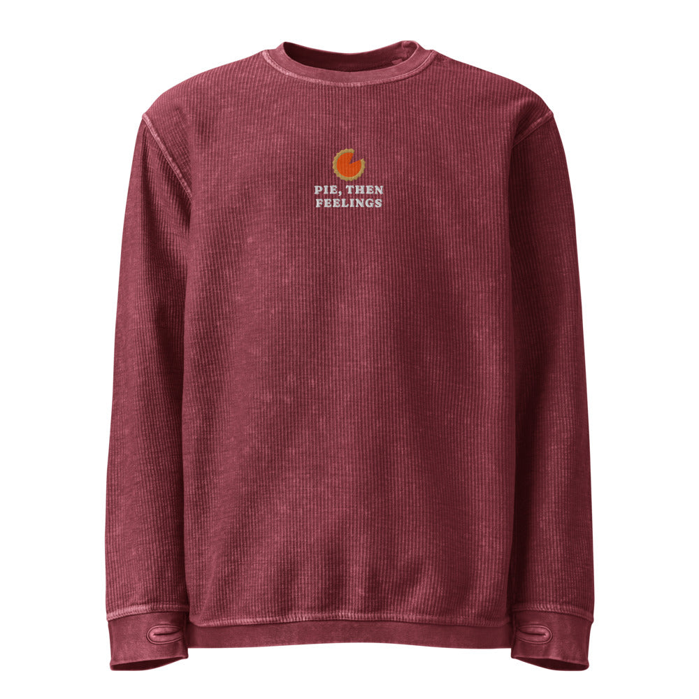 The Pie, Then Feelings Corduroy Crewneck in Maroon, front
