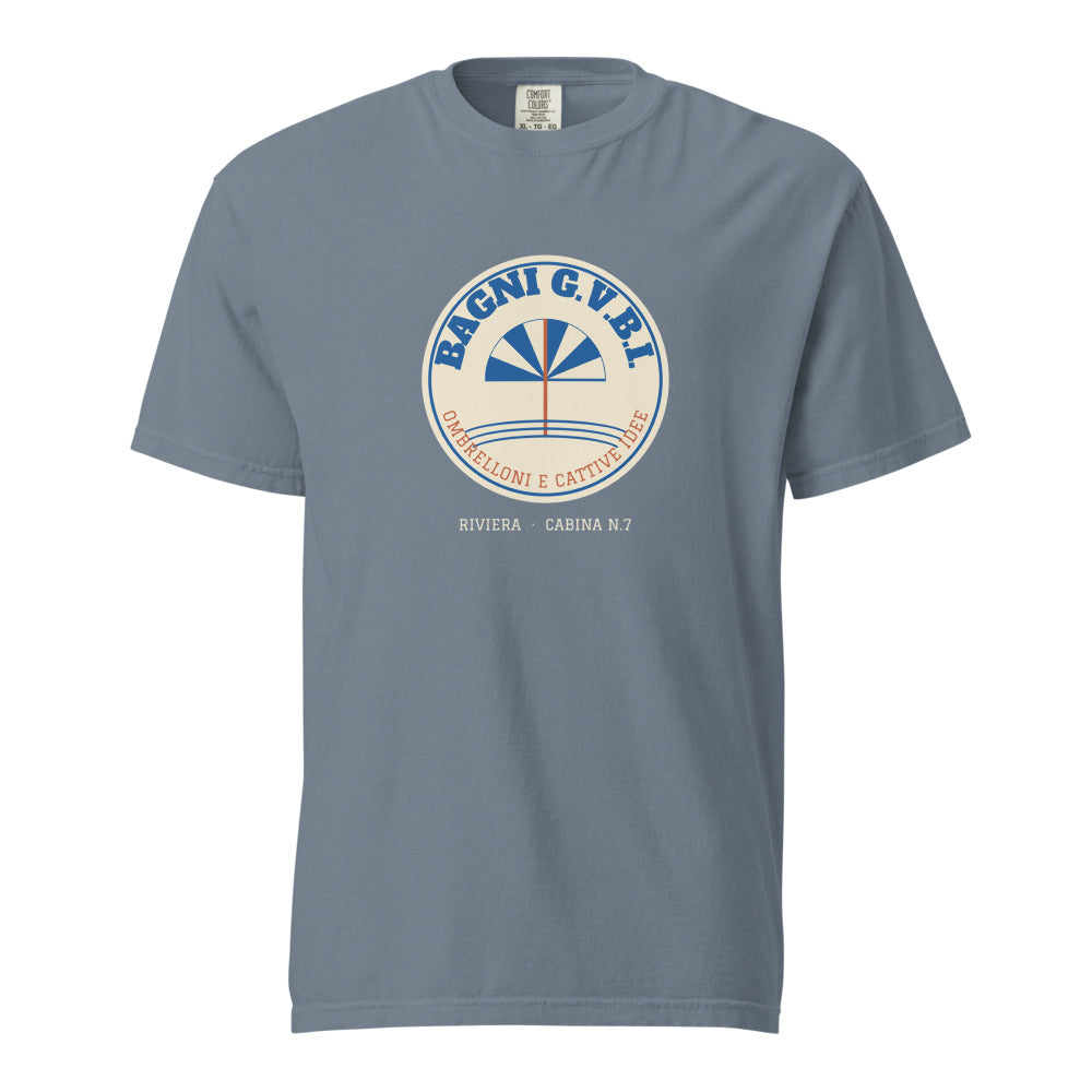 The Bagni G.V.B.I. Tee in Blue Jean, front