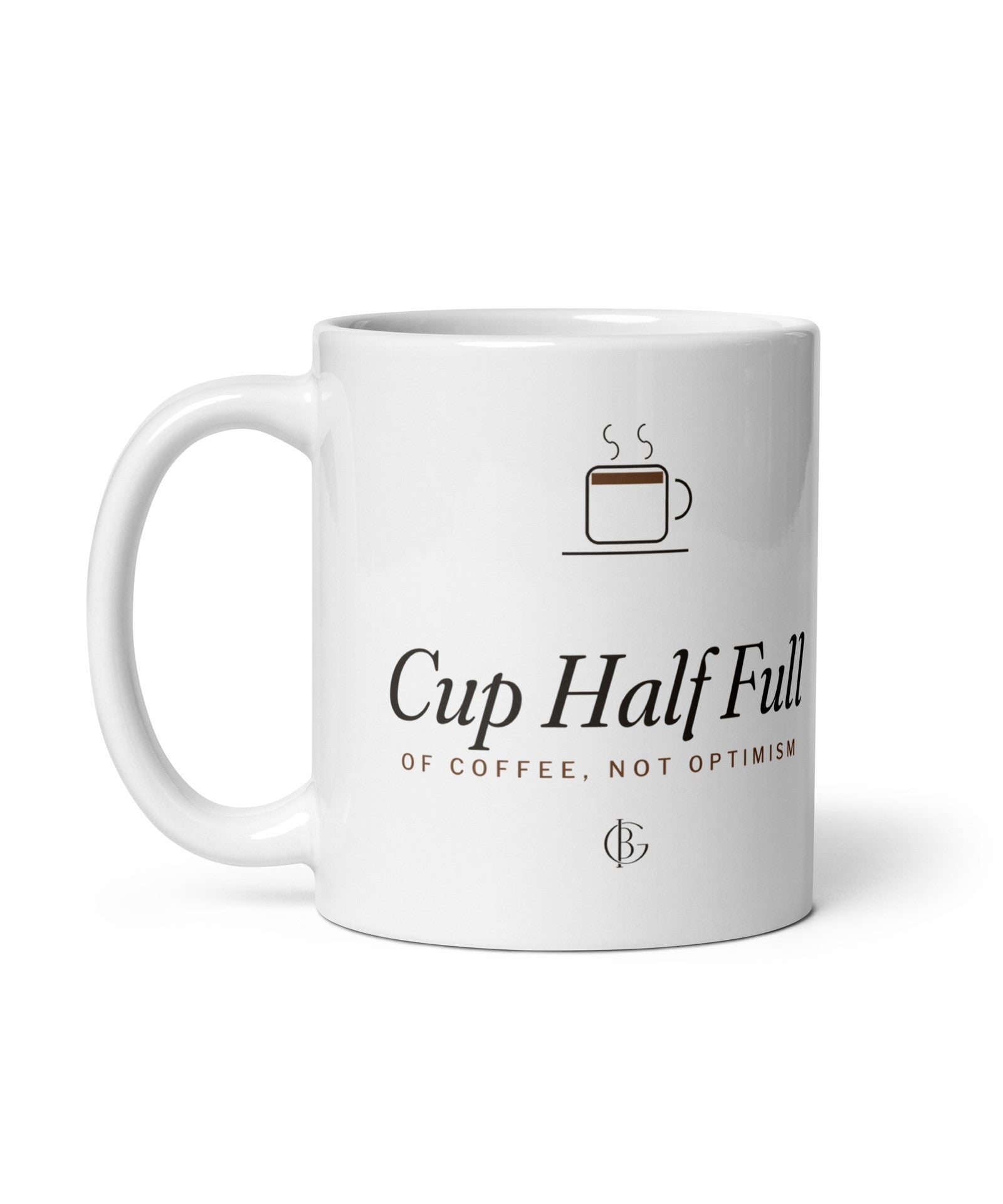 The Cup Half Full Mug in White, product shot