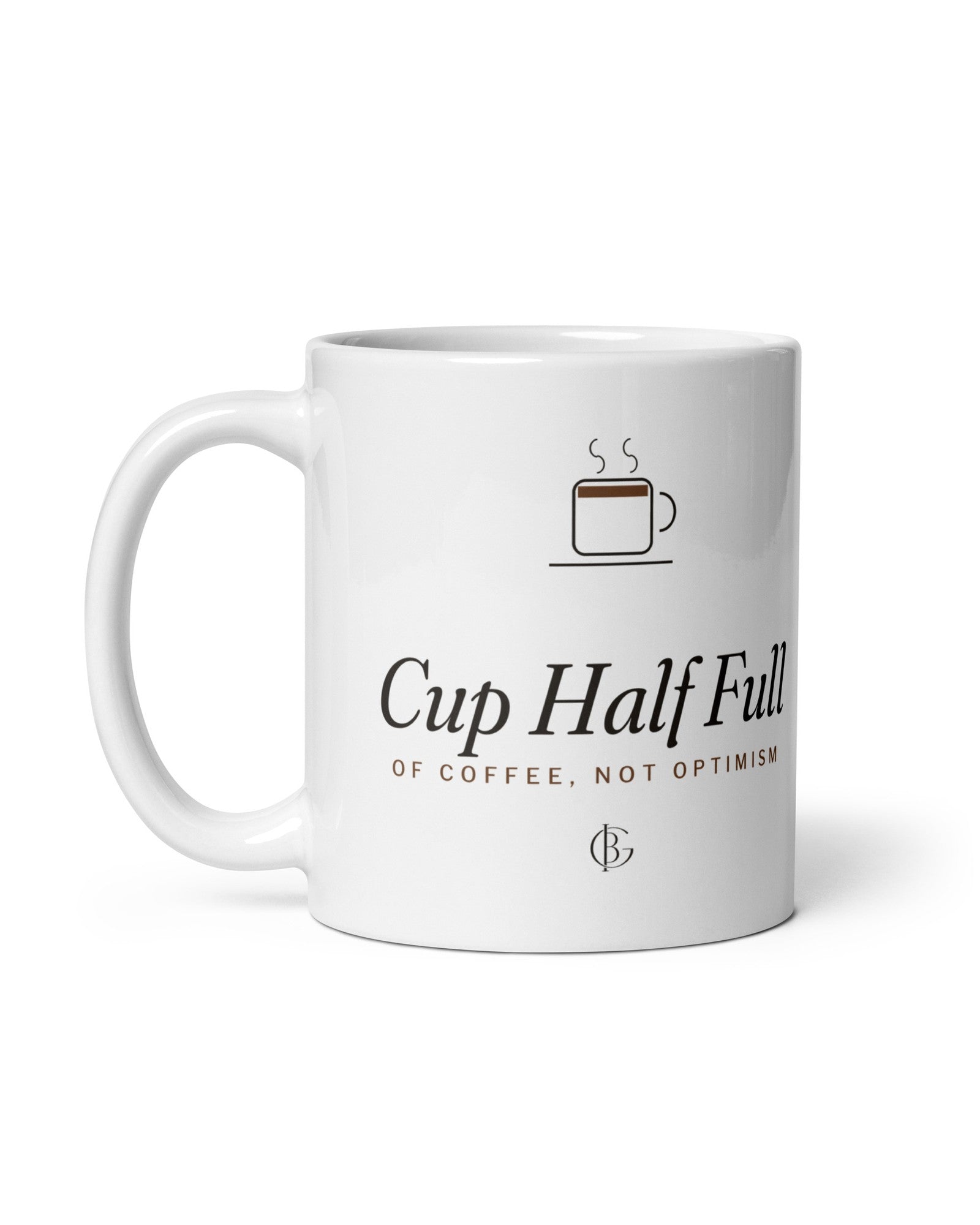 The Cup Half Full Mug in White, product shot