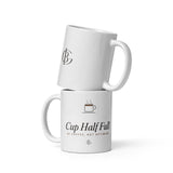 The Cup Half Full Mug in White, product shot from another angle