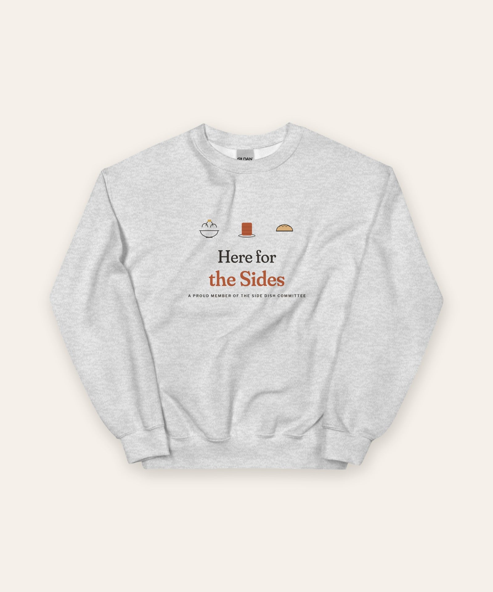 The Here for the Sides Crewneck in Ash, flat lay front, product shot on cream