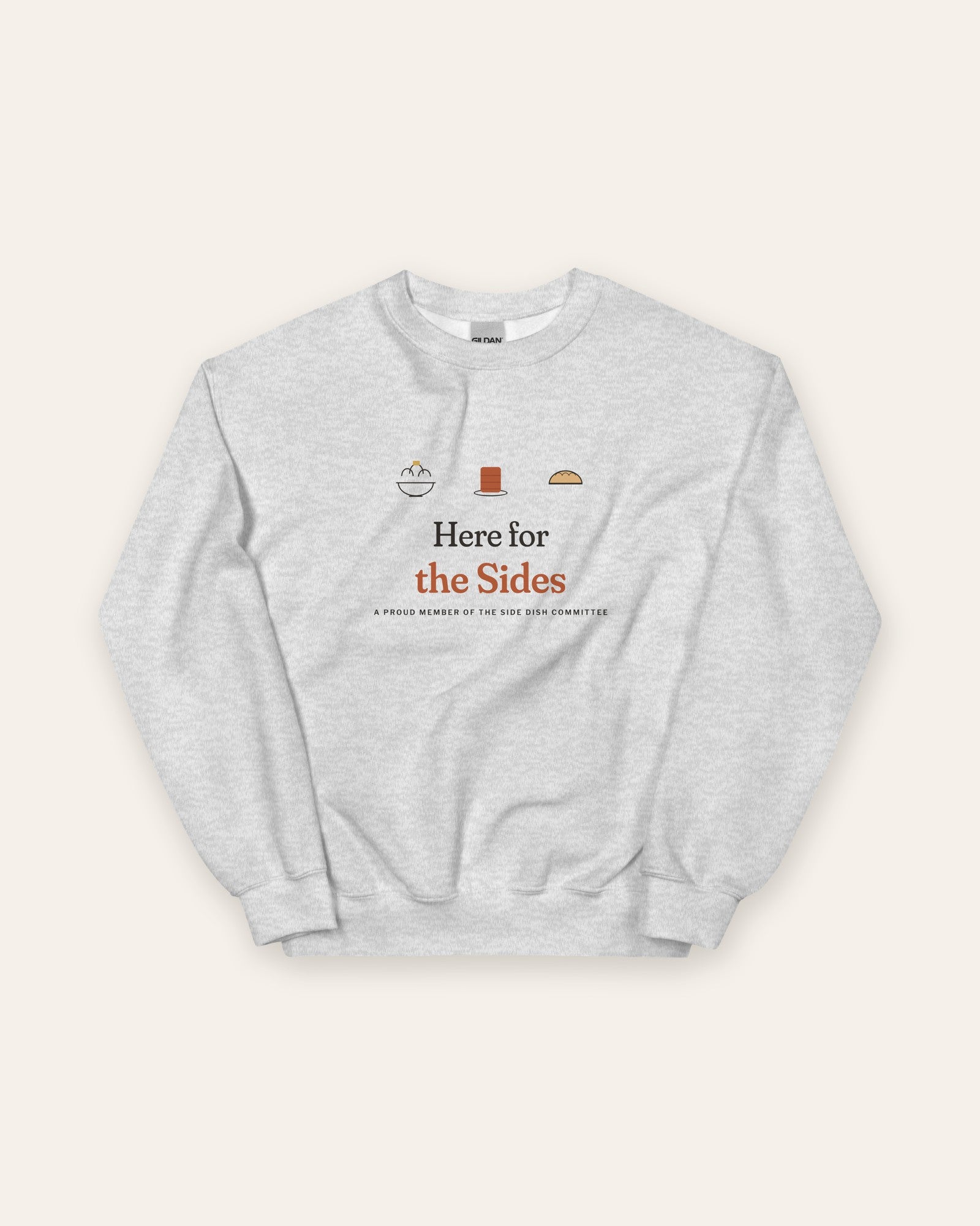 The Here for the Sides Crewneck in Ash, flat lay front, product shot on cream