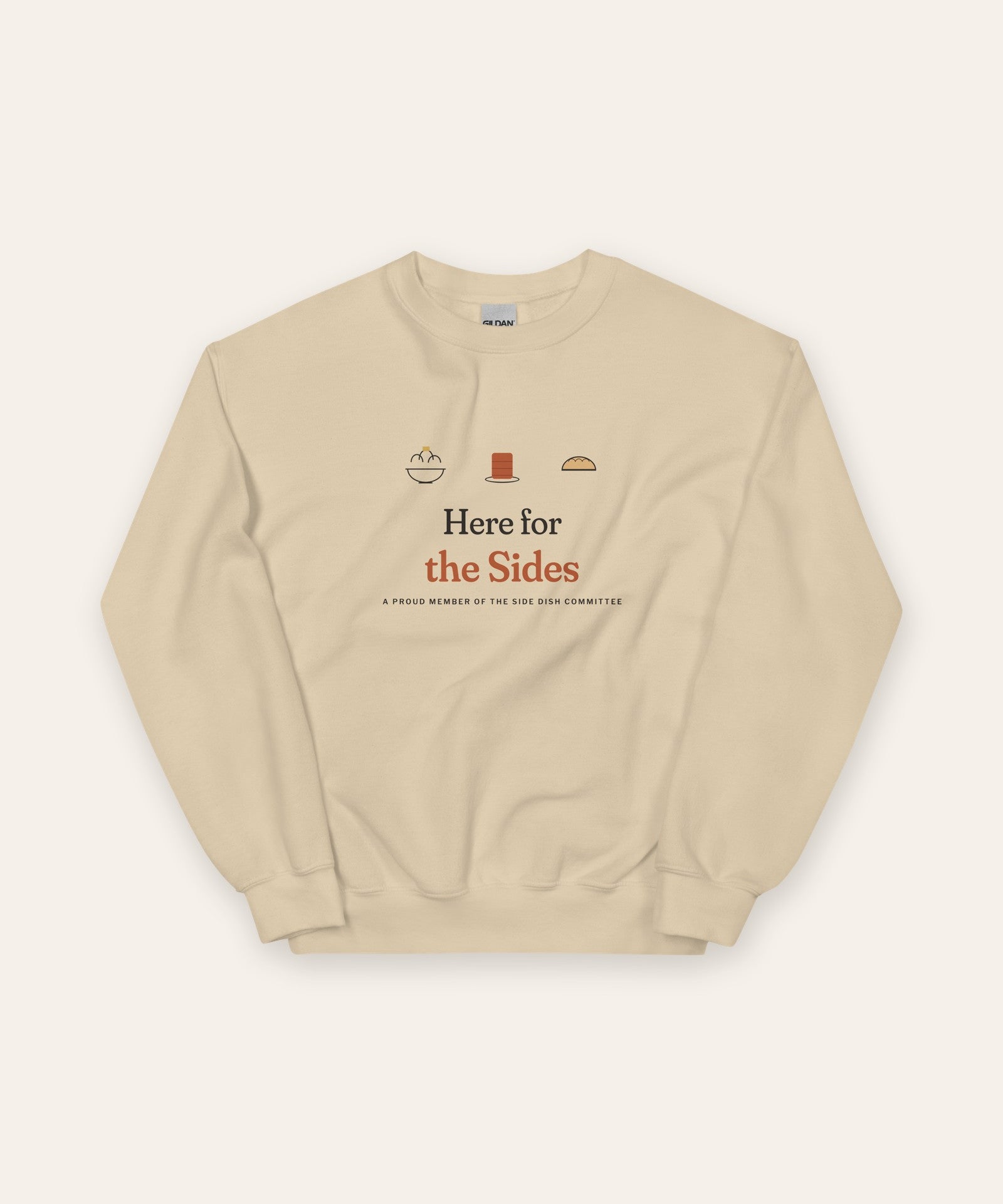 The Here for the Sides Crewneck in Sand, flat lay front, product shot on cream