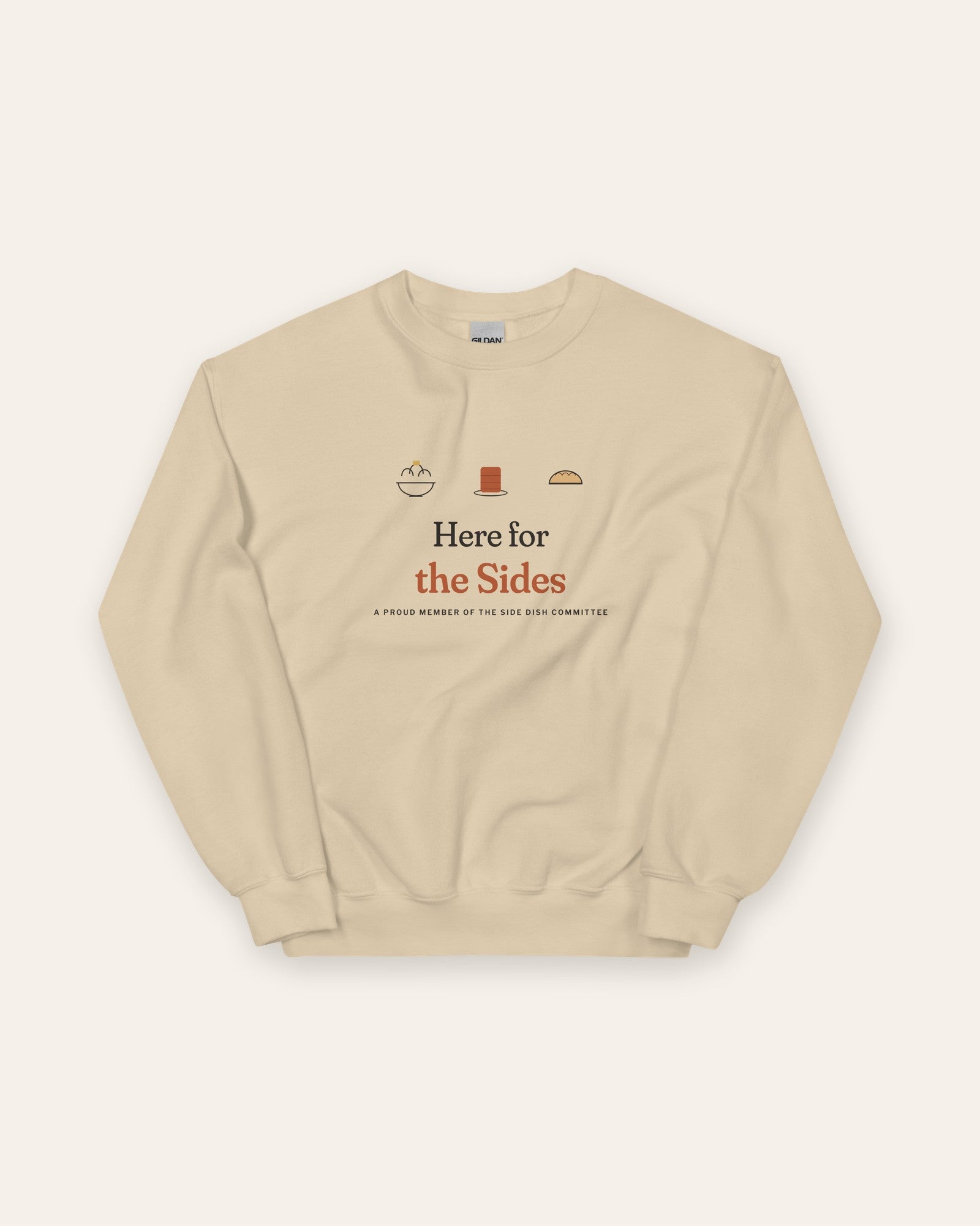 The Here for the Sides Crewneck in Sand, flat lay front, product shot on cream