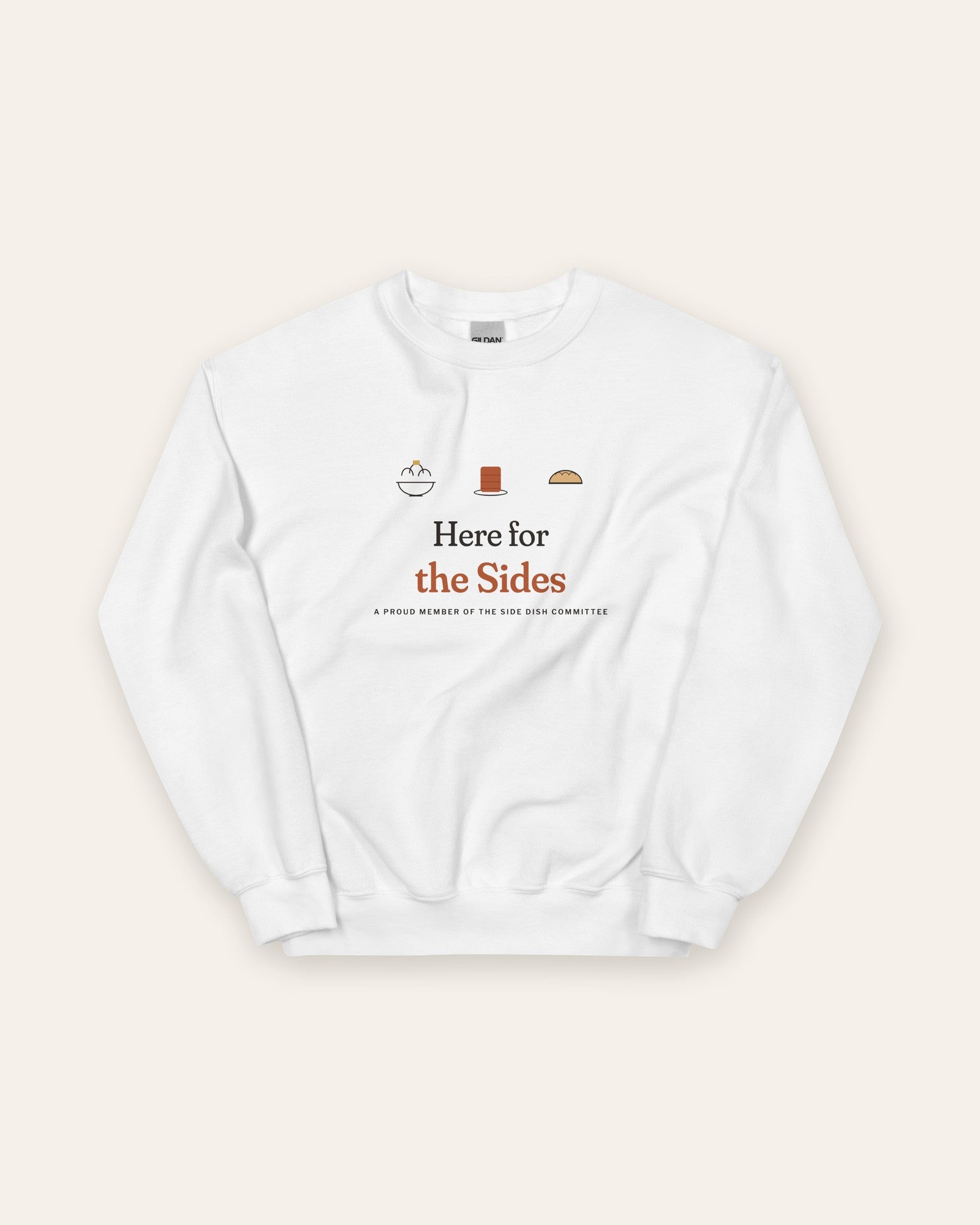 The Here for the Sides Crewneck in White, flat lay front, product shot on cream