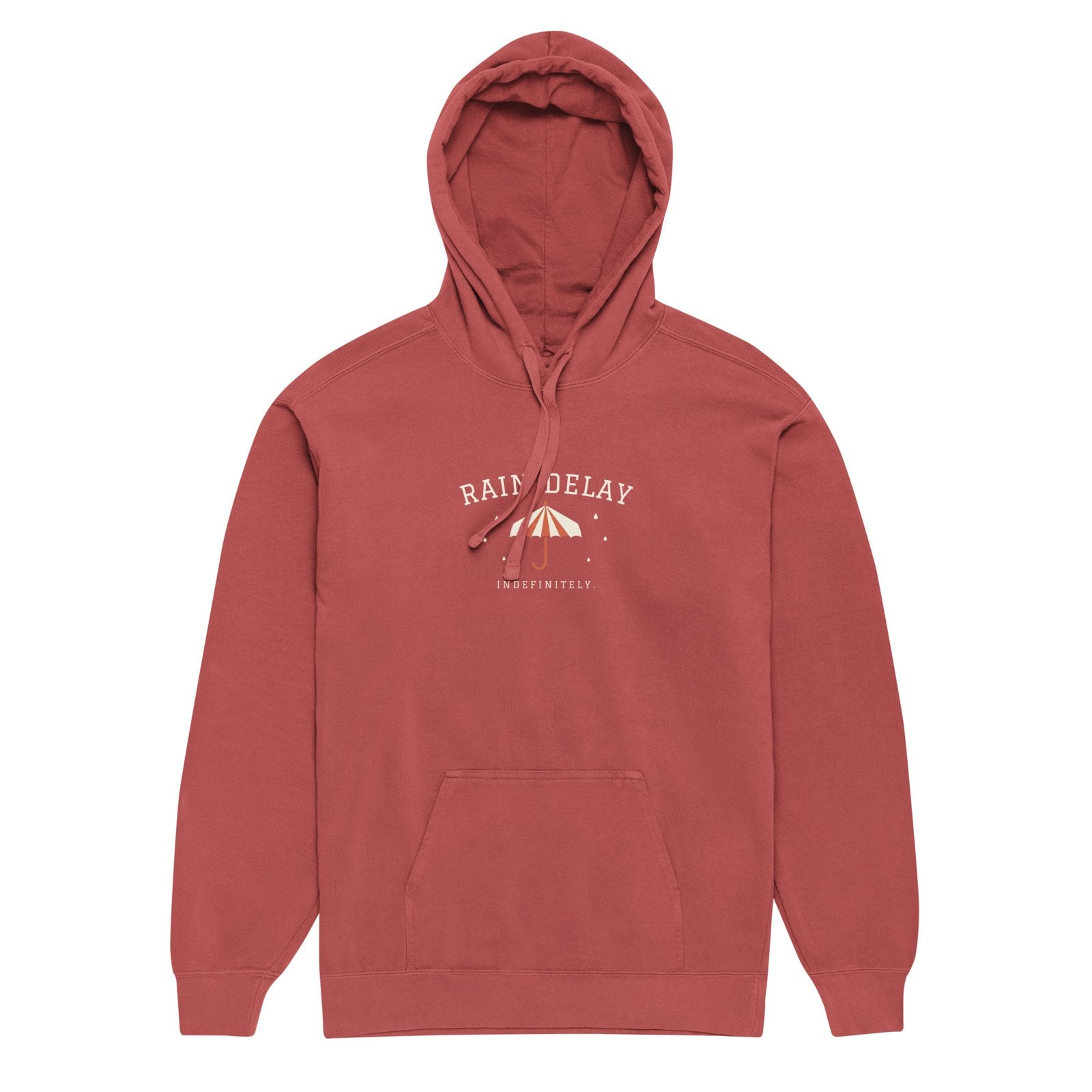 The Rain Delay Hoodie in Crimson, flat lay front with a cream varsity RAIN DELAY arch, a cream and terracotta striped umbrella and INDEFINITELY.
