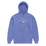 The Rain Delay Hoodie in Flo Blue, flat lay front with a cream varsity RAIN DELAY arch, a cream and terracotta striped umbrella and INDEFINITELY.
