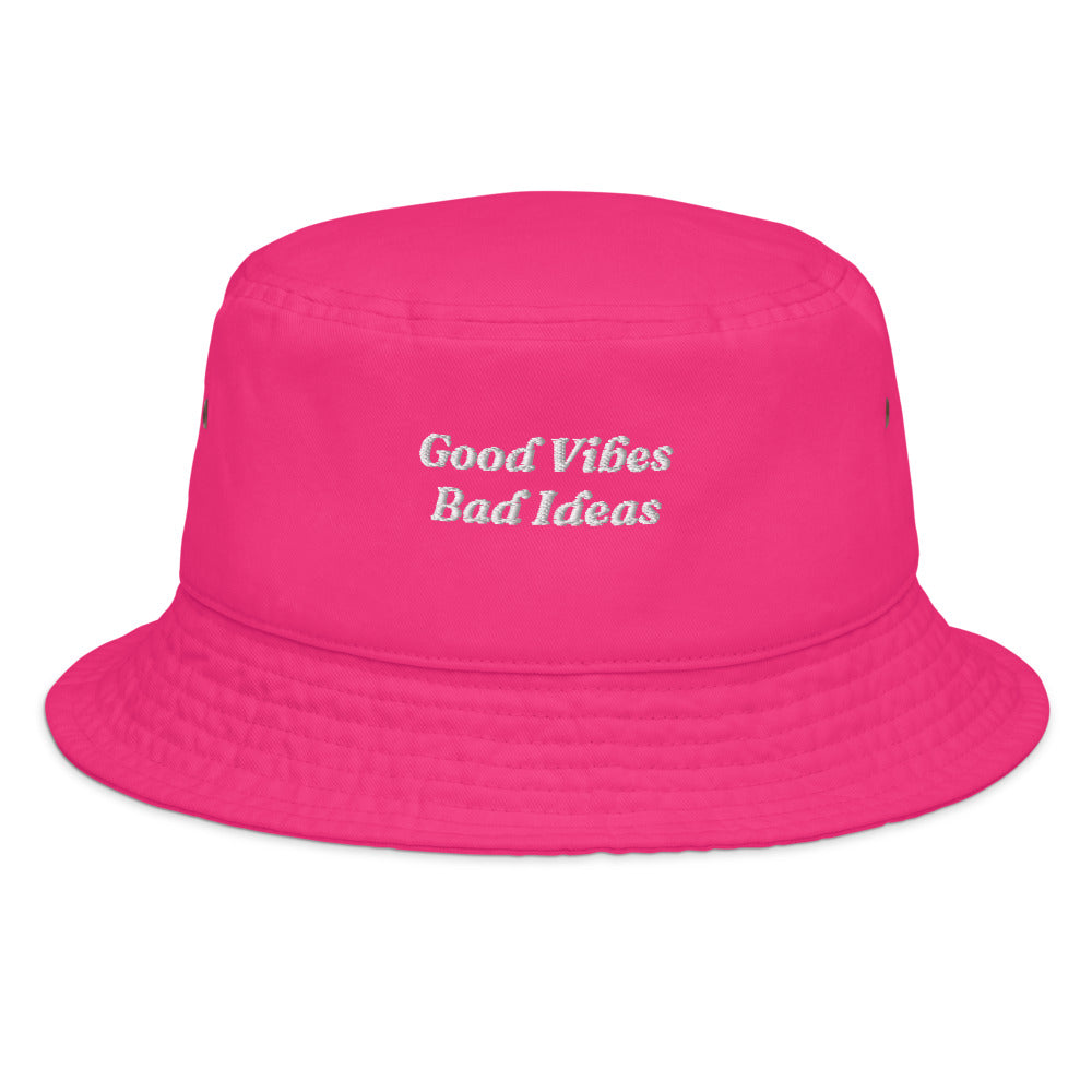 The Good Vibes Bad Ideas Bucket Hat in Hot Pink, front