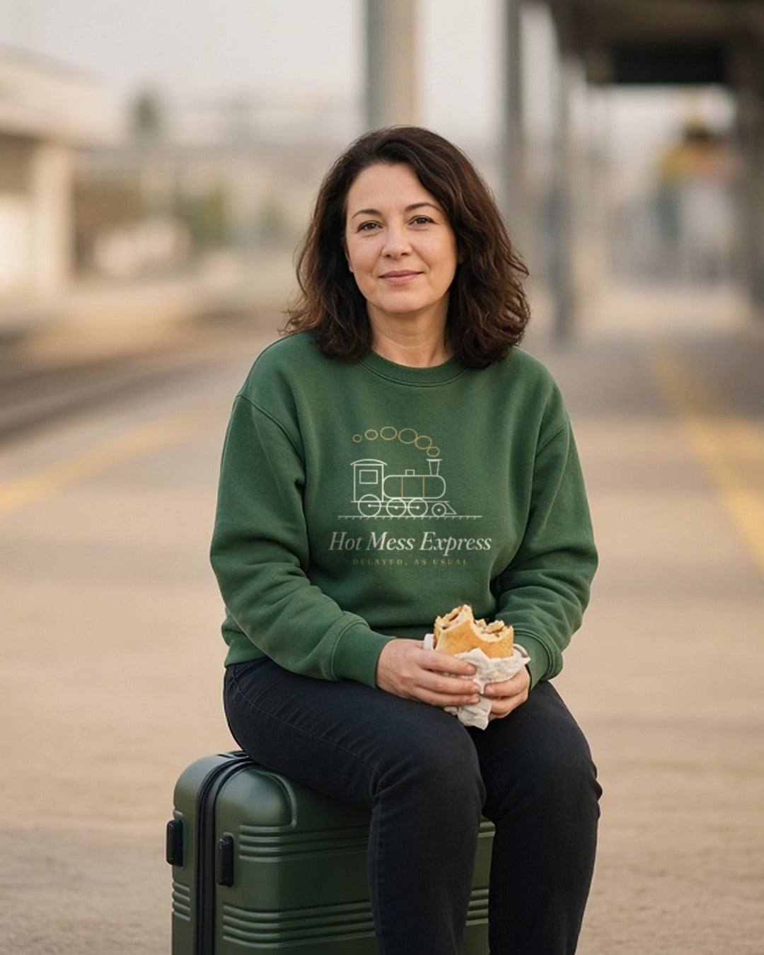 The Hot Mess Express Crewneck in Forest Green, a woman (40s) sitting on her suitcase on an empty platform, eating a sandwich, entirely at peace