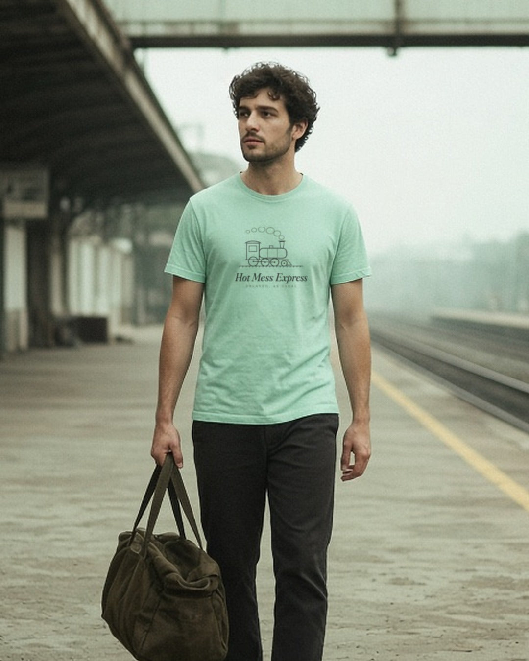 The Hot Mess Express Tee in Chalky Mint, man walking down an empty commuter platform carrying a duffel, hazy light