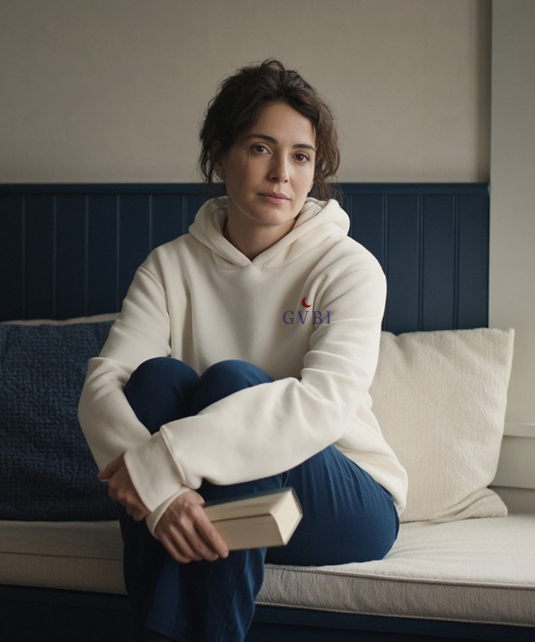 The House Hoodie in Bone, woman (30s) in a window seat with a book in the Bone hoodie, chest embroidery visible, window light