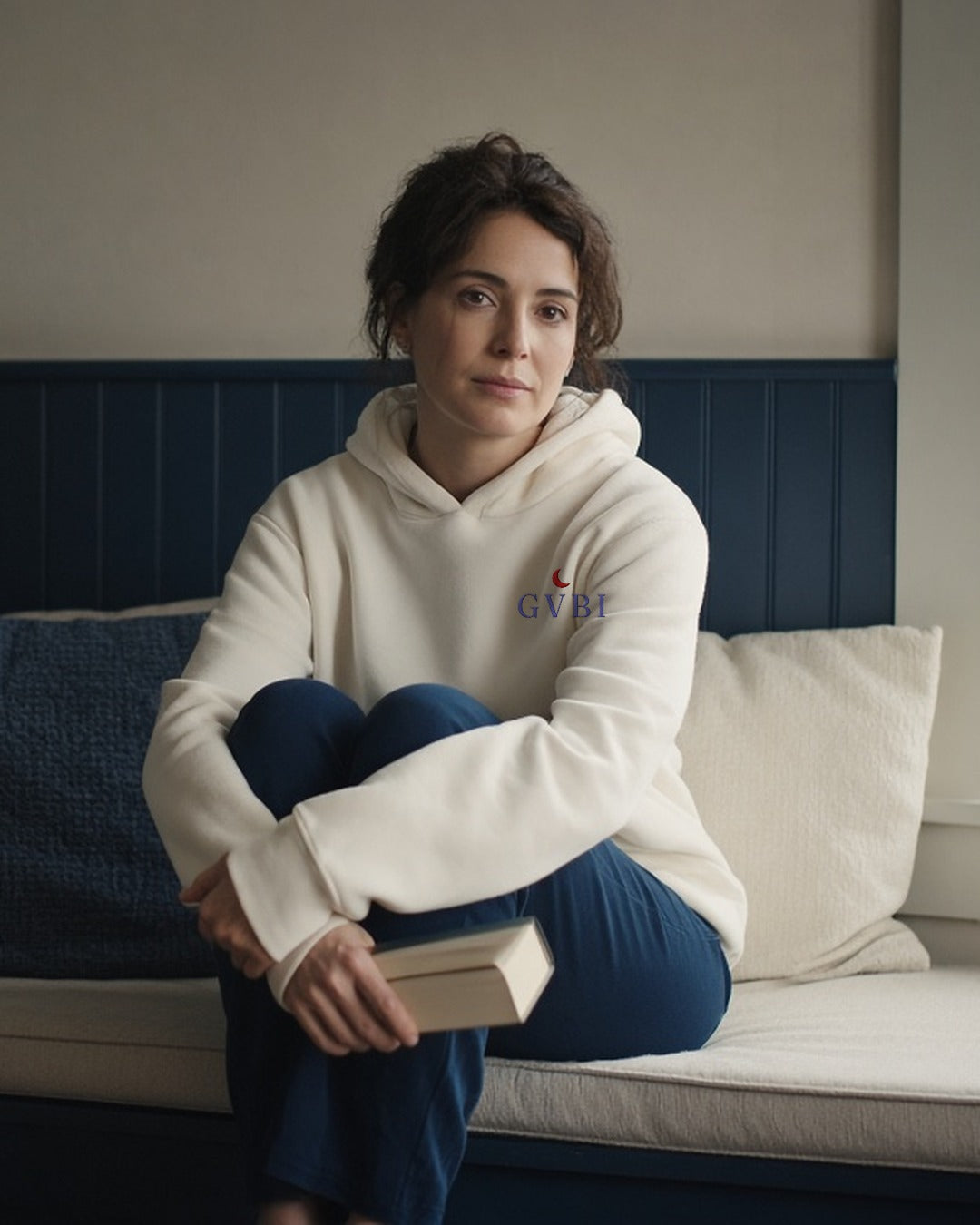 The House Hoodie in Bone, woman (30s) in a window seat with a book in the Bone hoodie, chest embroidery visible, window light