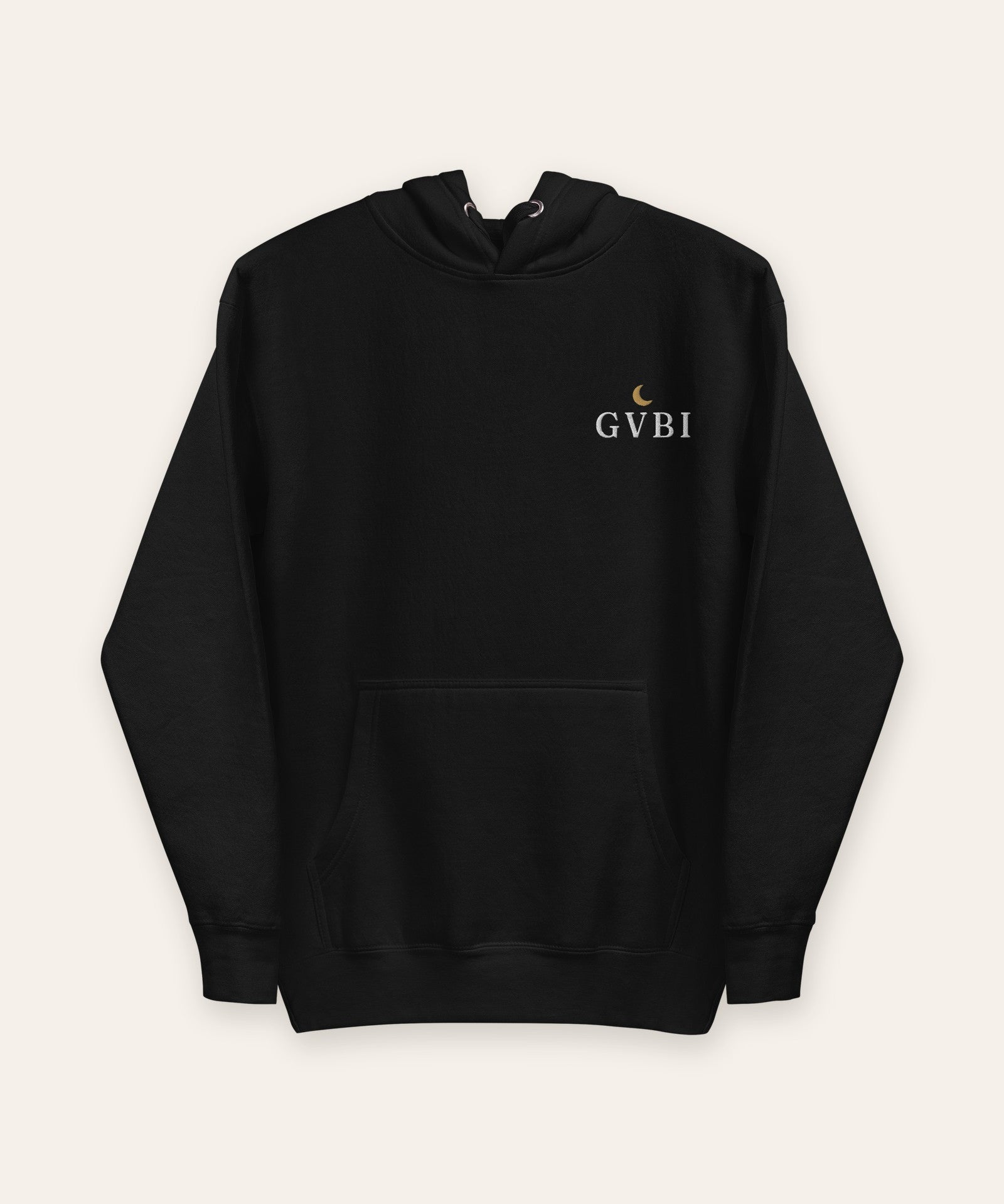 The House Hoodie in Black, flat lay front, product shot on cream
