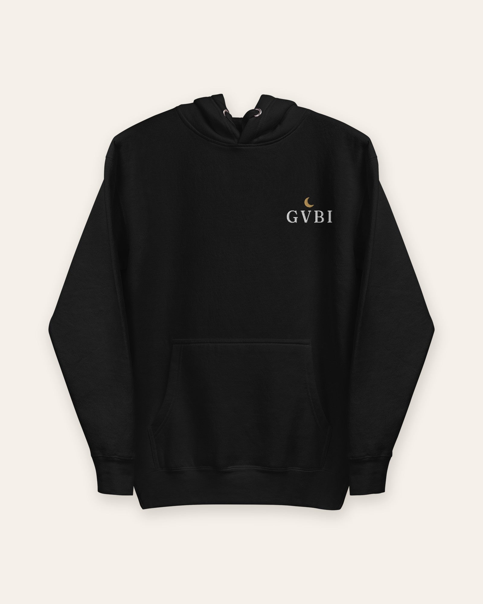 The House Hoodie in Black, flat lay front, product shot on cream