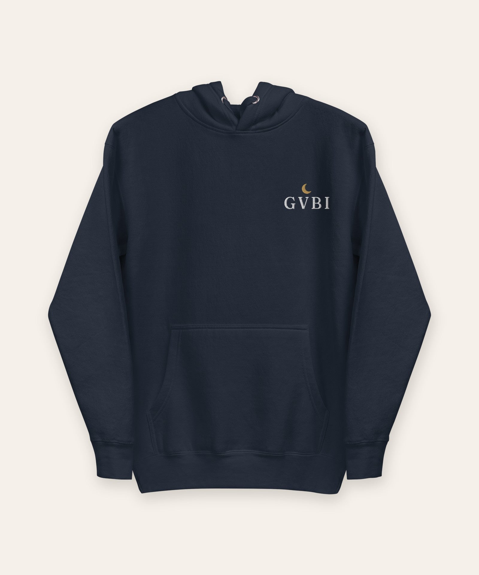 The House Hoodie in Navy Blazer, flat lay front, product shot on cream
