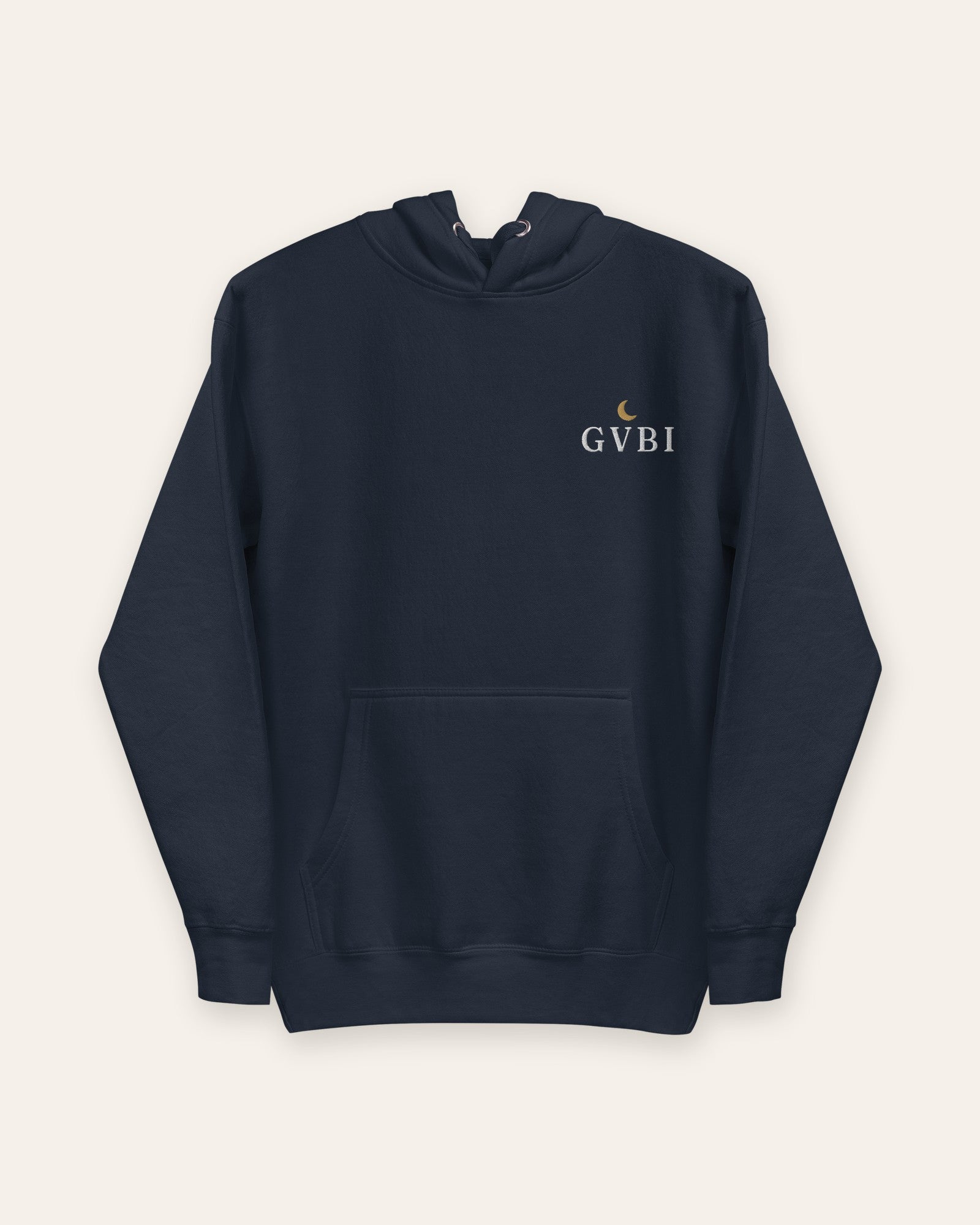 The House Hoodie in Navy Blazer, flat lay front, product shot on cream