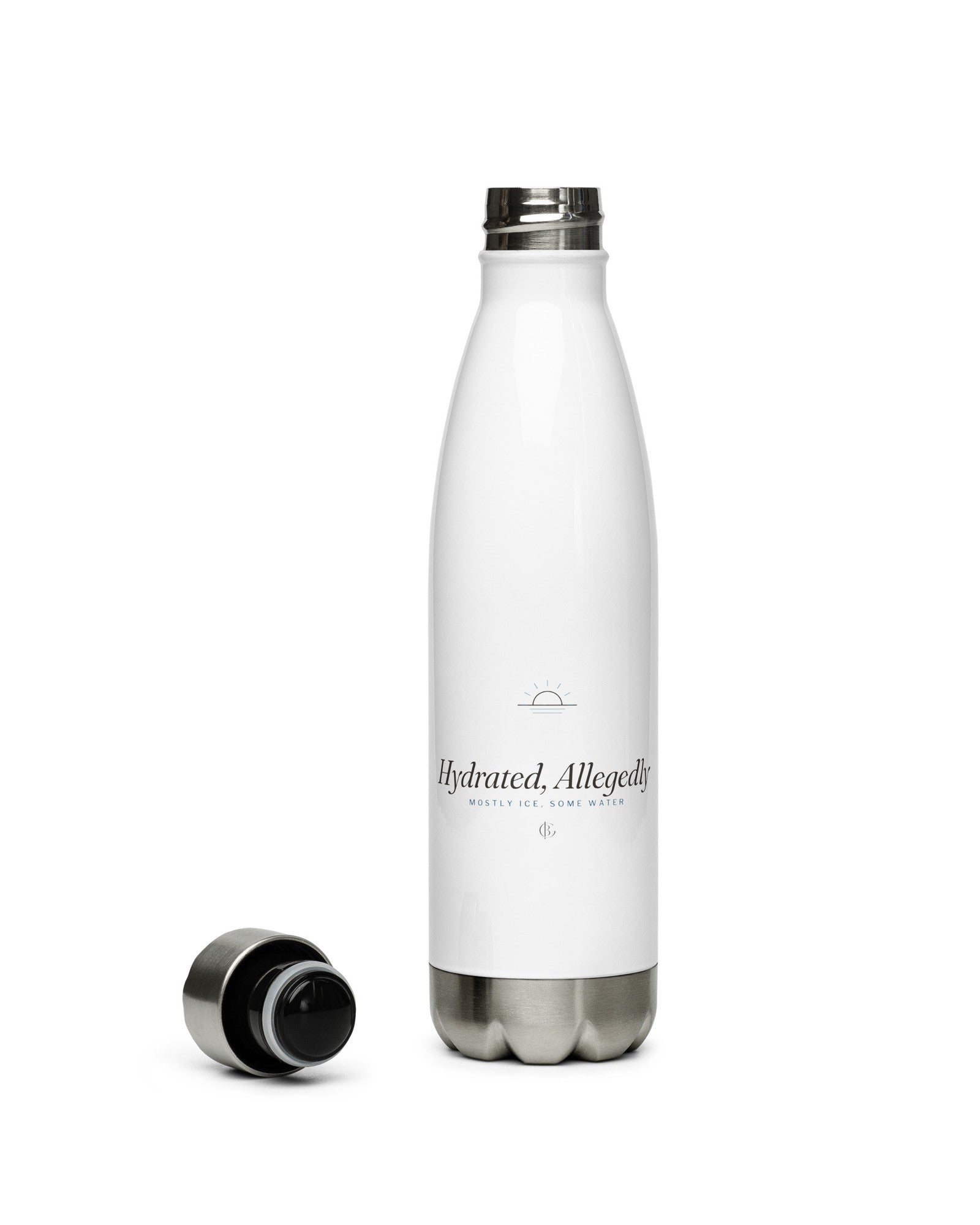 The Hydrated, Allegedly Water Bottle in White, product shot from another angle