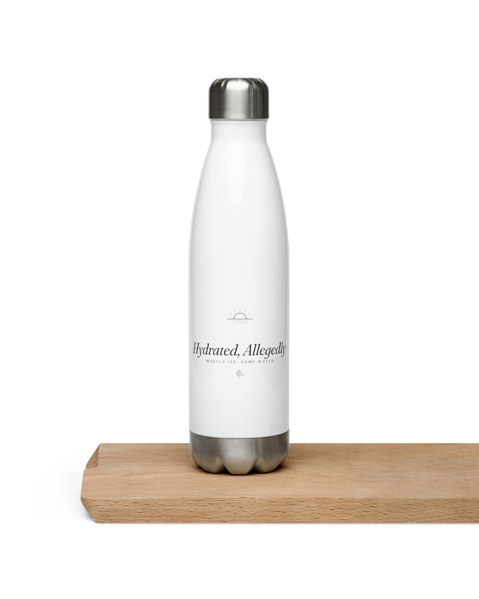 The Hydrated, Allegedly Water Bottle in White, styled lifestyle shot