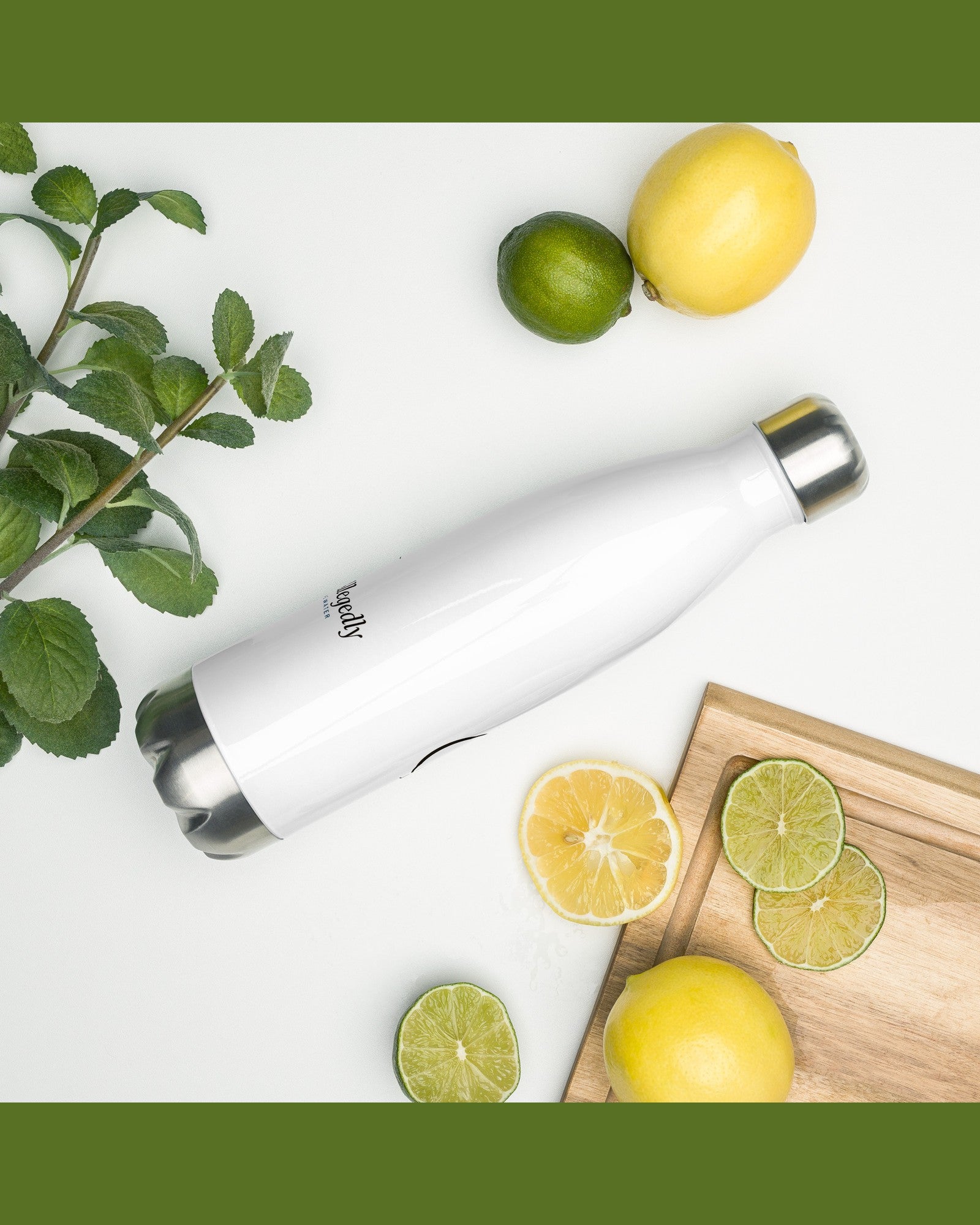 The Hydrated, Allegedly Water Bottle in White, styled lifestyle shot